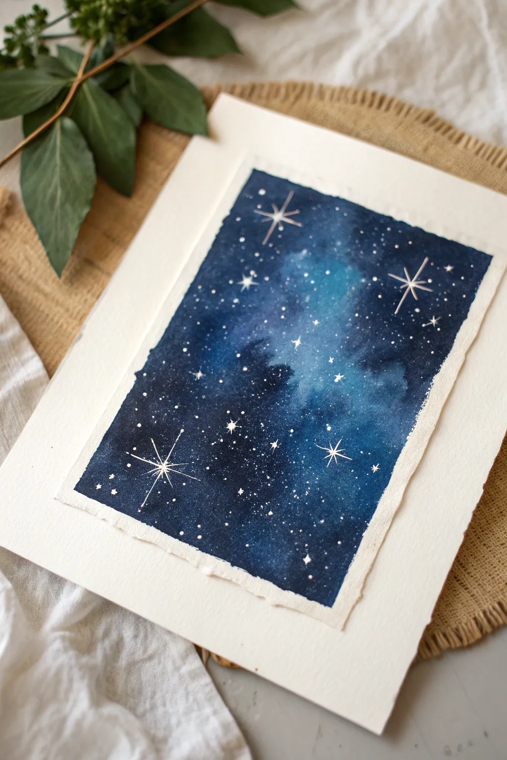 Starry midnight blue galaxy splatter—an easy, bold painting idea with crisp contrast and calm vibes.