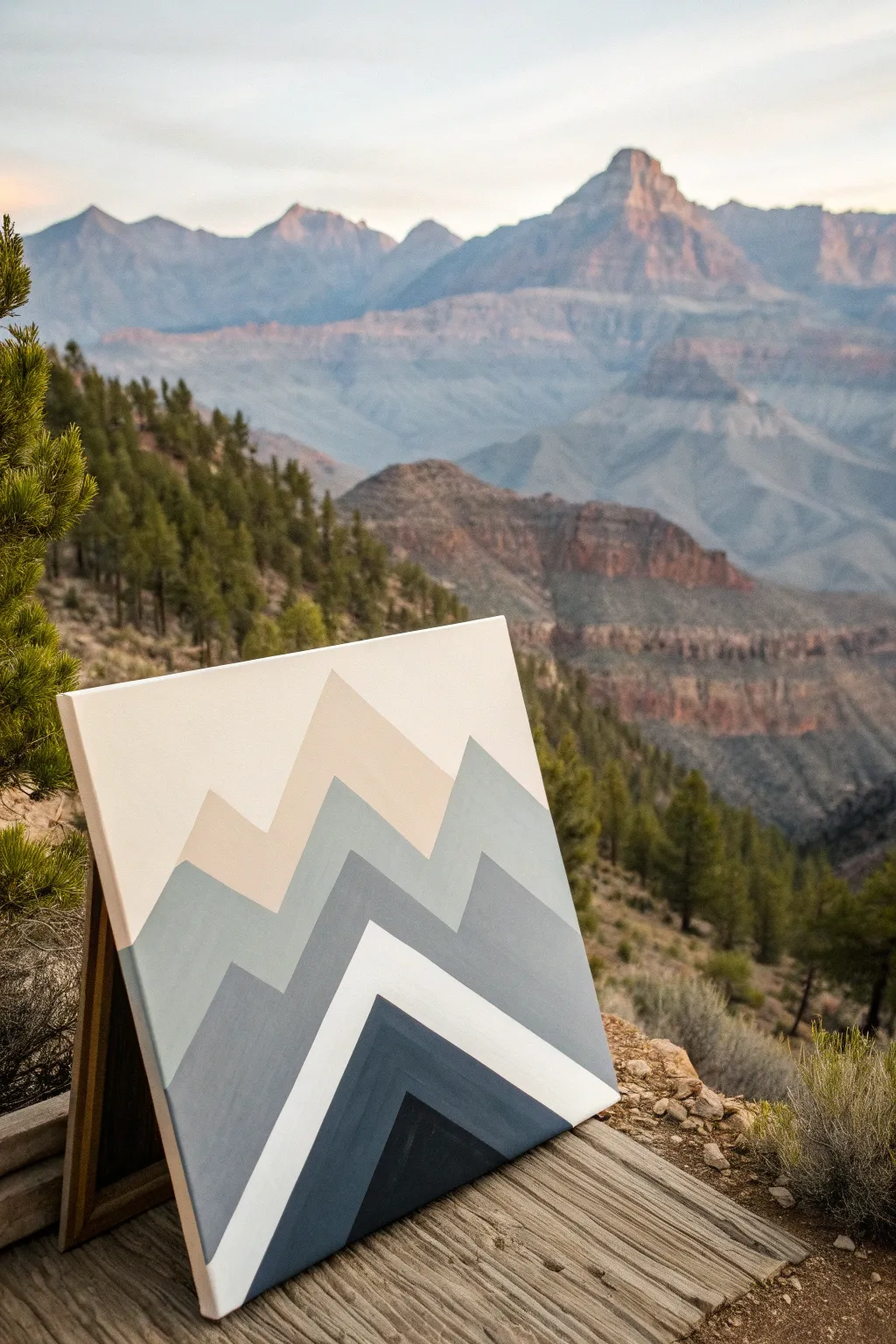 Minimal mountain layers with bold foreground contrast and soft fading distance, easy to paint