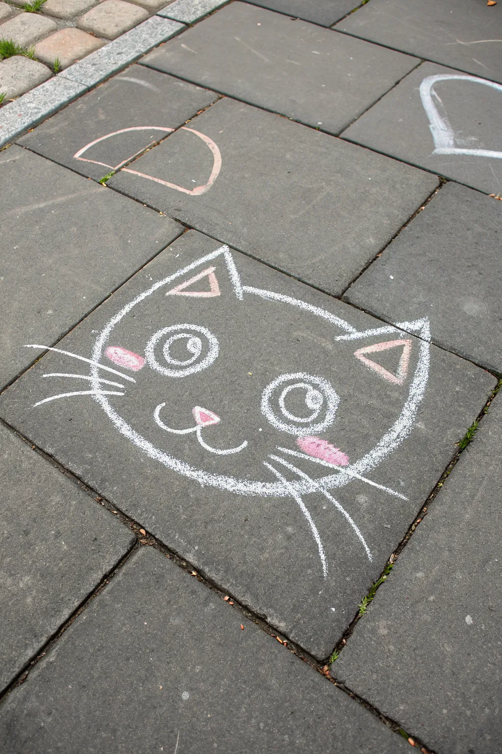 Easy chalk cartoon: minimalist cat head with big eyes and whiskers on gray pavement
