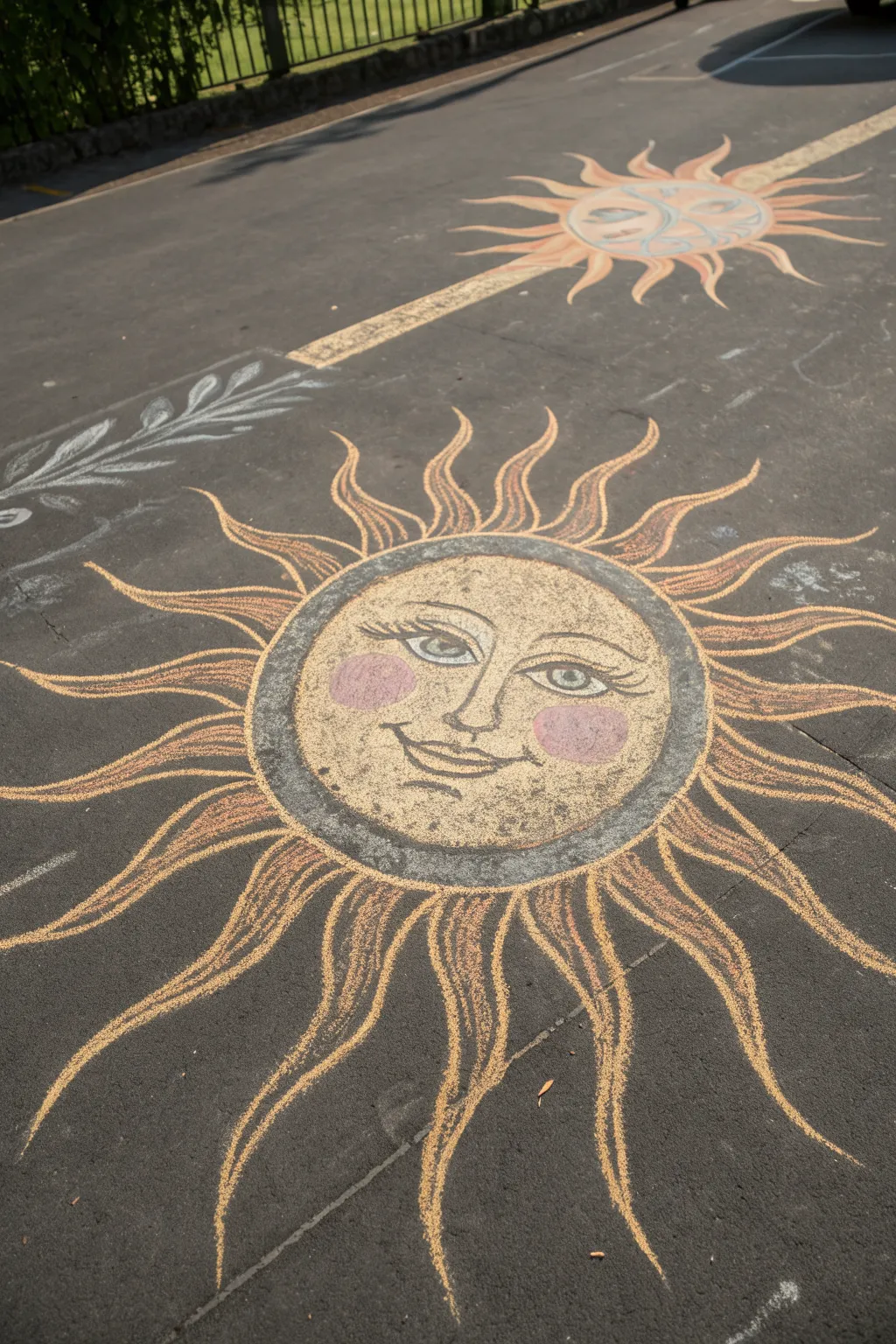 Smiling sun chalk drawing with giant alternating rays, a fun and easy kids sidewalk art idea today