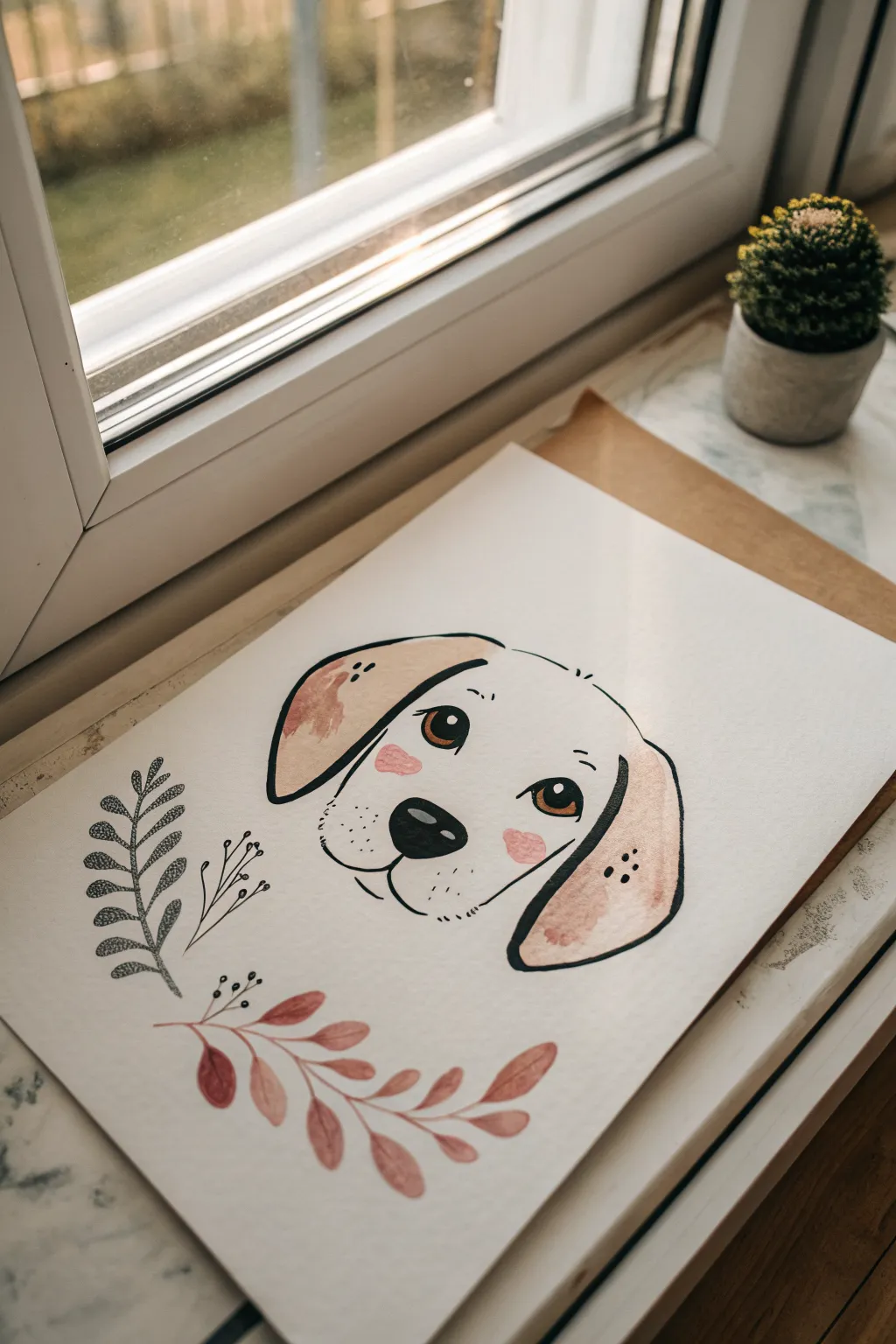 Floppy-eared puppy face with bold outlines, a sweet beginner character painting idea.