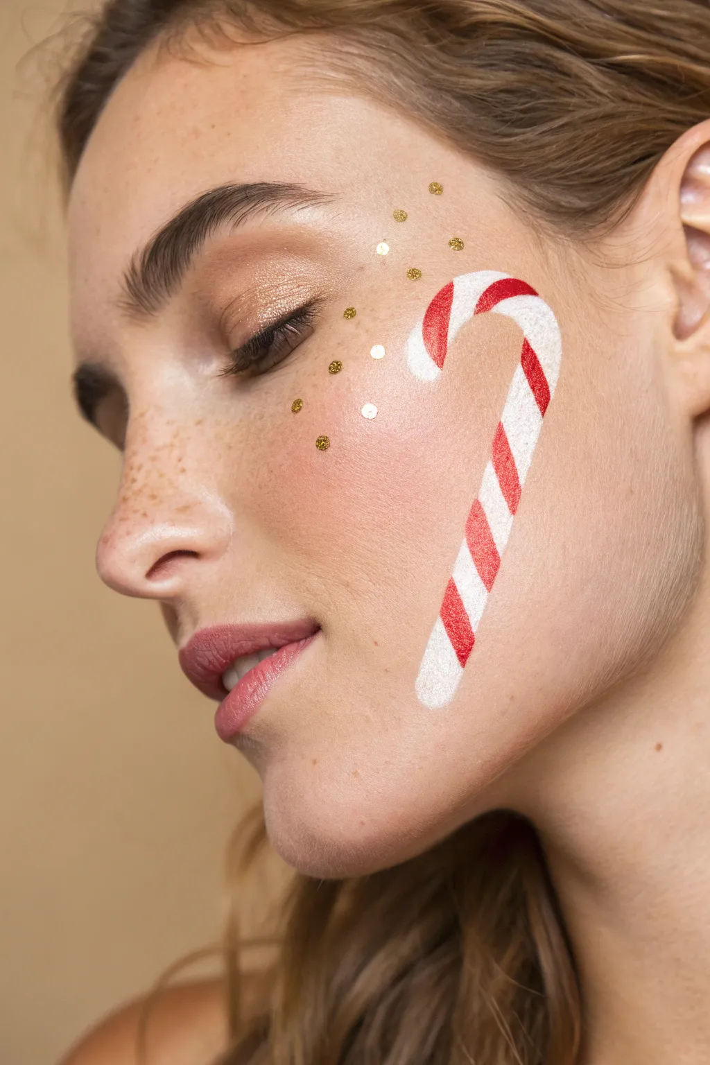 Minimal candy cane cheek paint with quick red stripes and tiny sparkly dots for festive charm