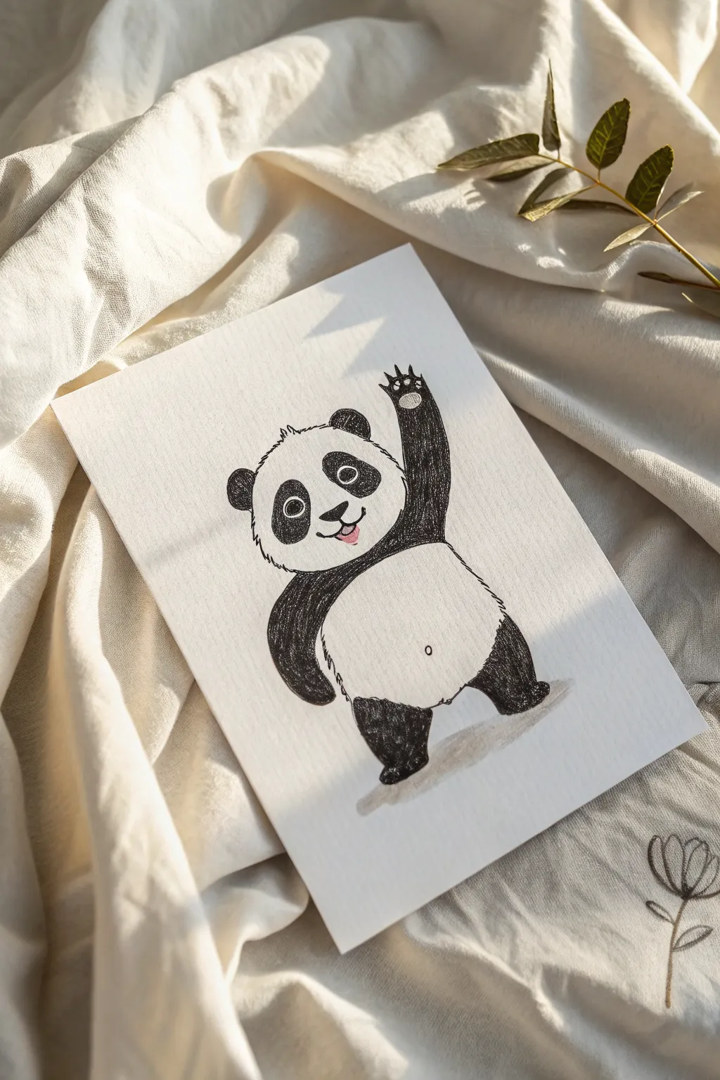 Easy waving panda hello drawing idea with chunky rounded shapes and a sweet friendly grin