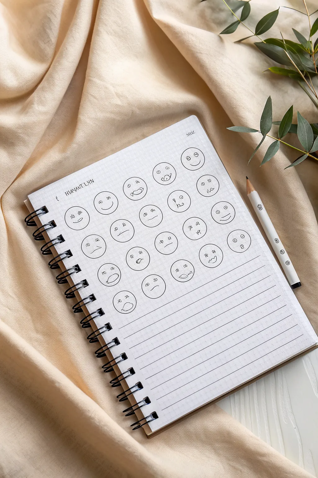 Smiley face circles with different moods, a minimalist doodle sheet for easy drawing ideas.