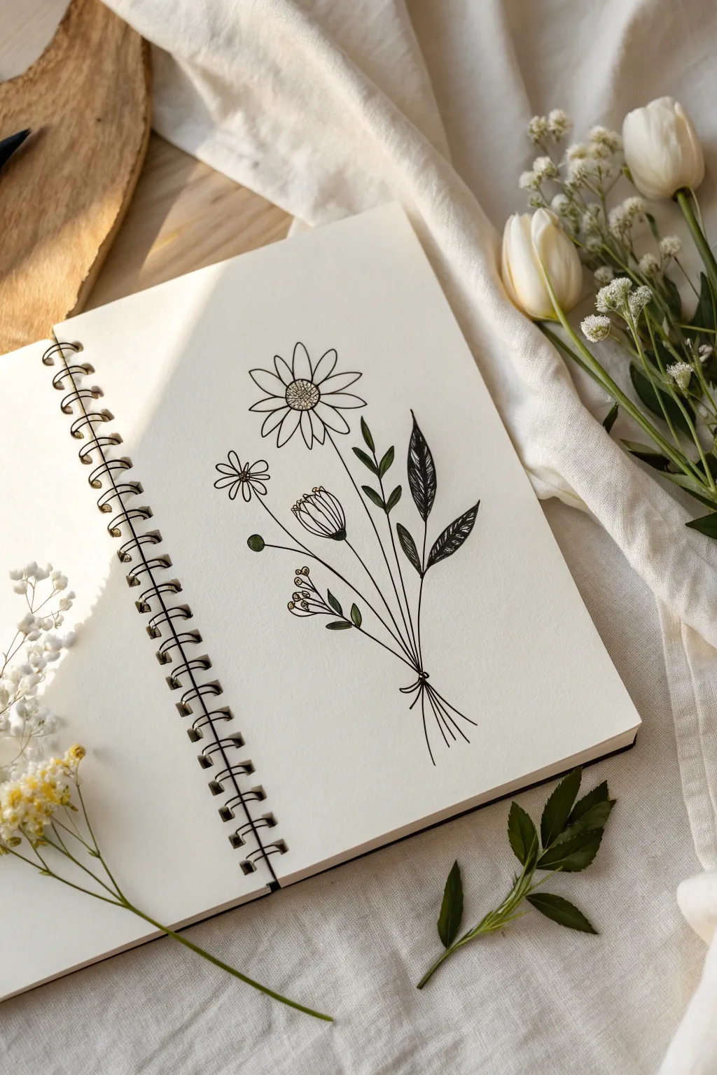 Simple flower sprigs doodles with clean lines and soft Scandinavian boho styling