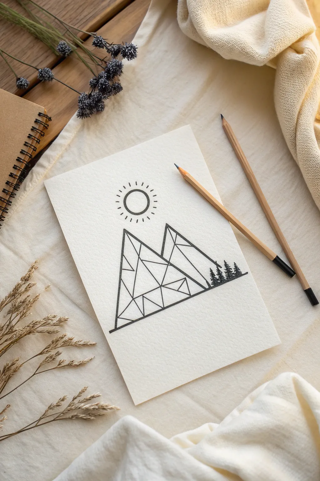 Master simplicity with this easy geometric mountain drawing idea.