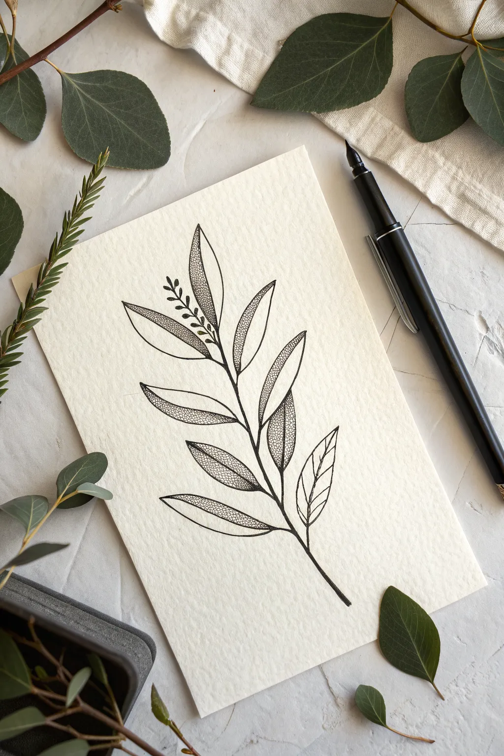 Minimal leaf sprig outline: airy linework and calm white space for easy beginner drawing practice.
