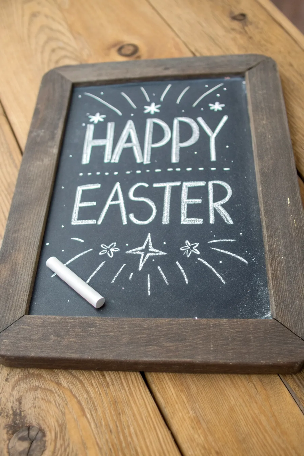 Centered Happy Easter chalk lettering with simple sparkles and dots, crisp and beginner friendly.