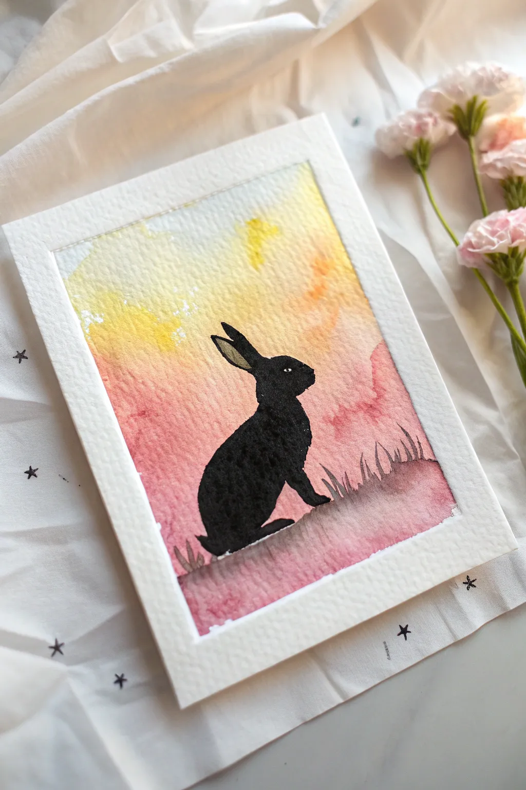 Bold bunny silhouette on a dreamy pink-to-yellow sunset wash, perfect for easy Easter painting.