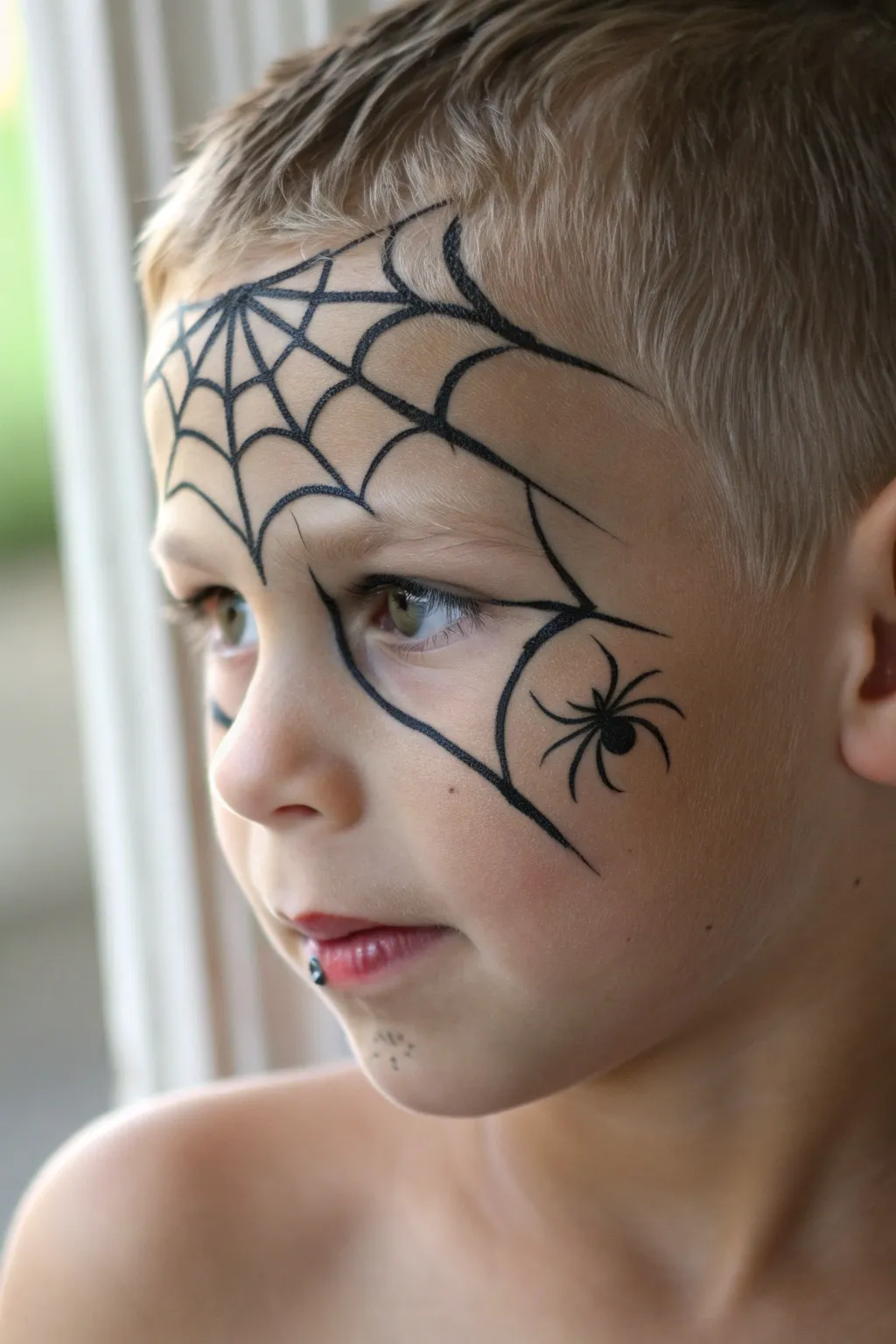 Simple spider web corner mask with tiny cheek spider, perfect fast face paint for boys
