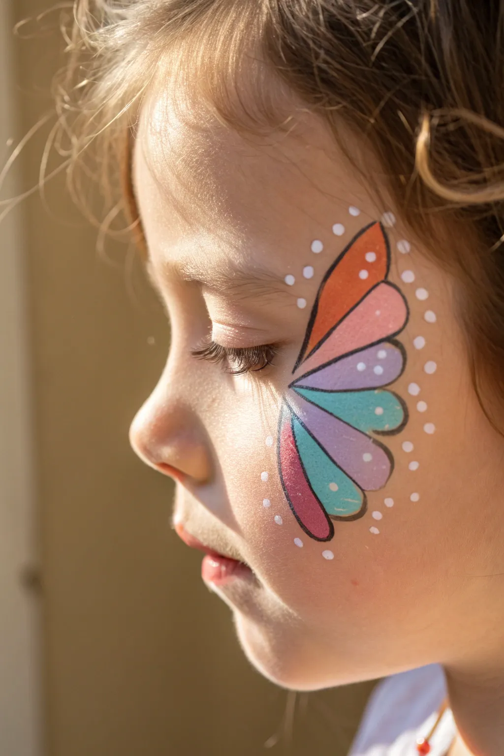 Easy butterfly eye wing: bold color blocks and a few dots for fast, kid-friendly face paint.