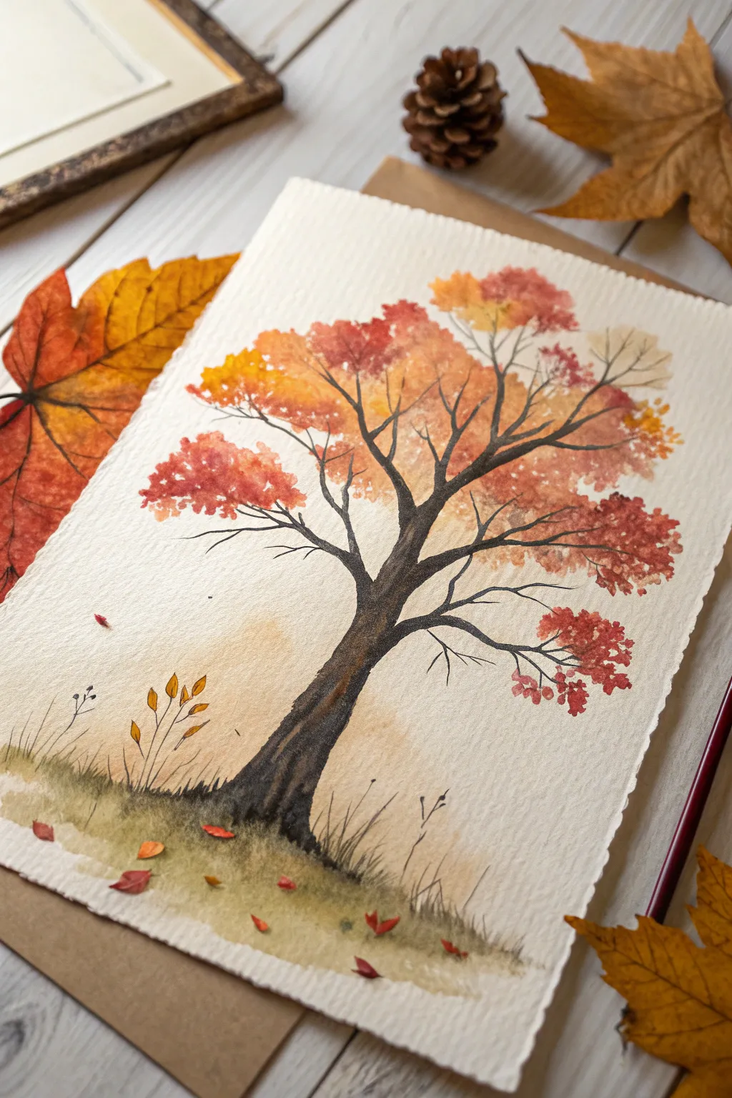 Minimal fall tree painting with dabbed autumn leaves, airy Scandinavian vibe for beginners