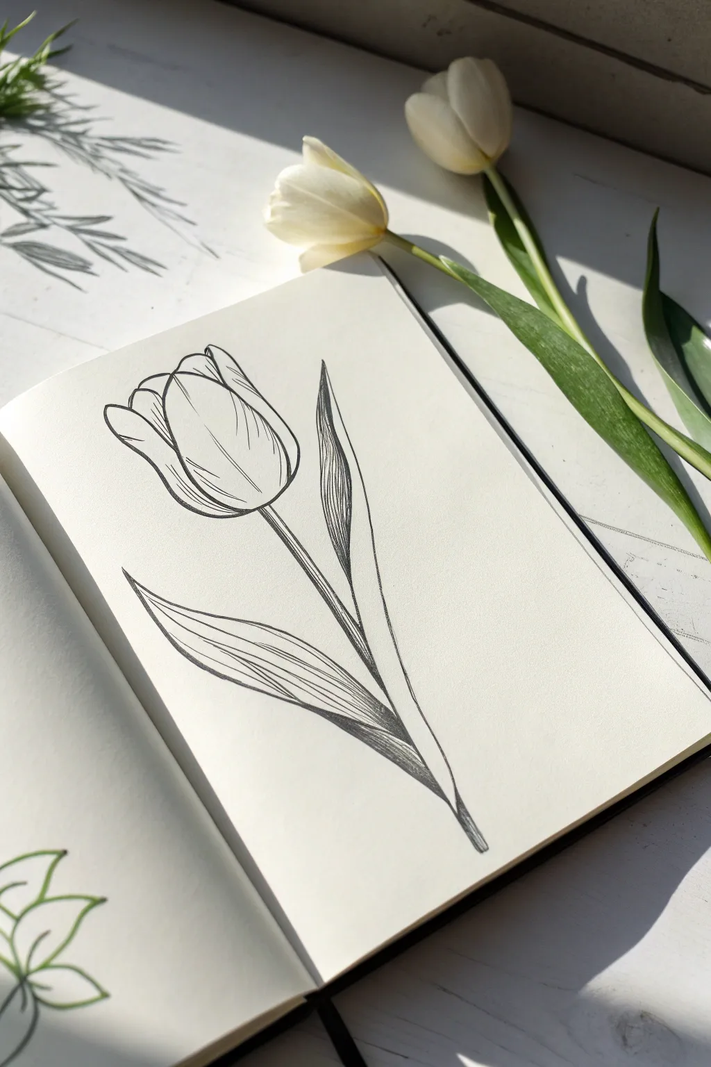 Minimal tulip cup-shape drawing with two easy leaves, clean lines and calm white space