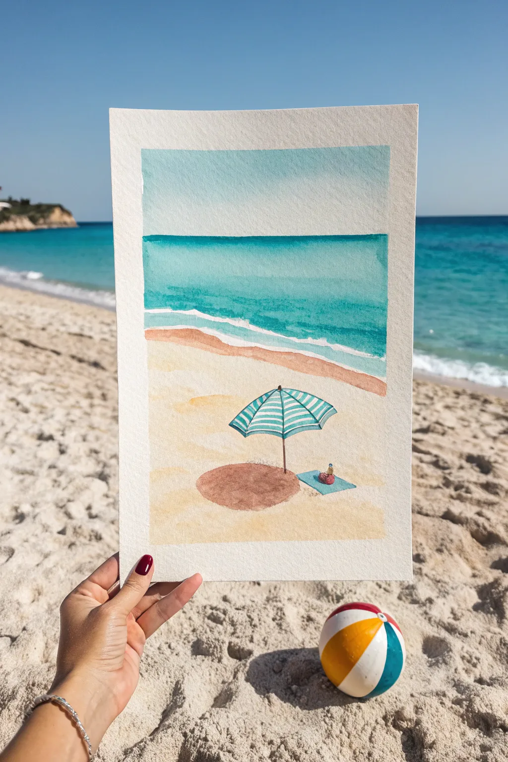 Paint a sunny beach scene with bold turquoise water, a striped umbrella, and a playful beach ball.