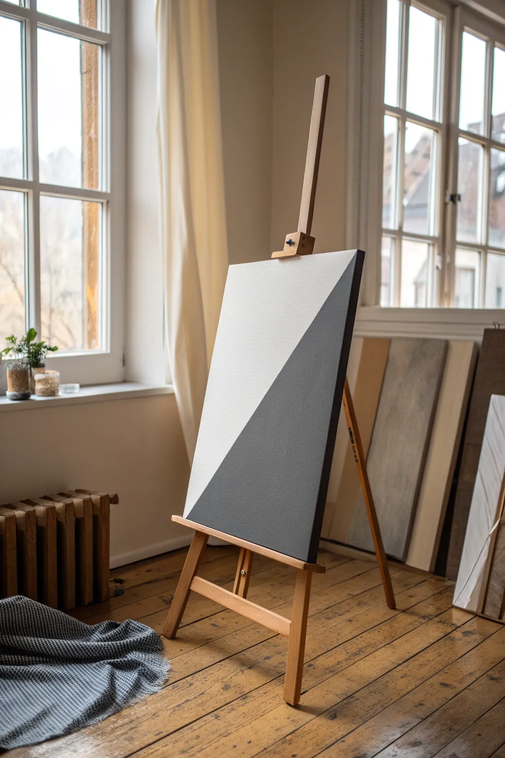 Minimal two-tone geometric canvas with a crisp diagonal split, modern and easy to recreate.