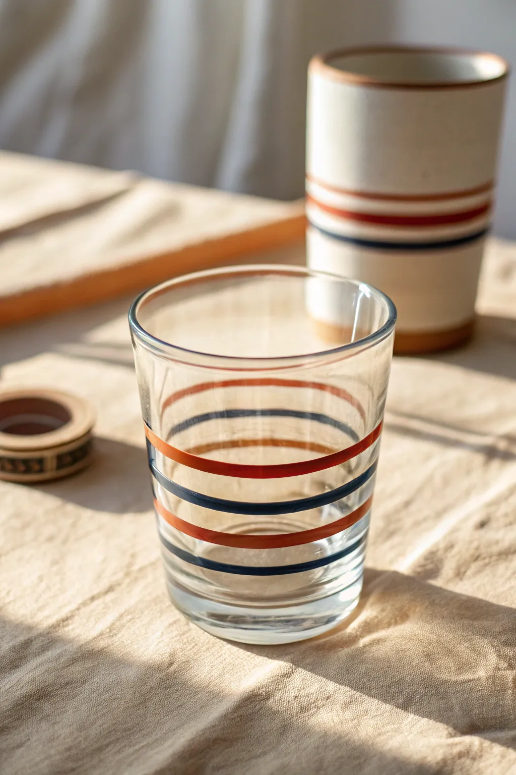 Crisp taped stripes on a painted glass tumbler in bold contrast, minimalist with boho charm