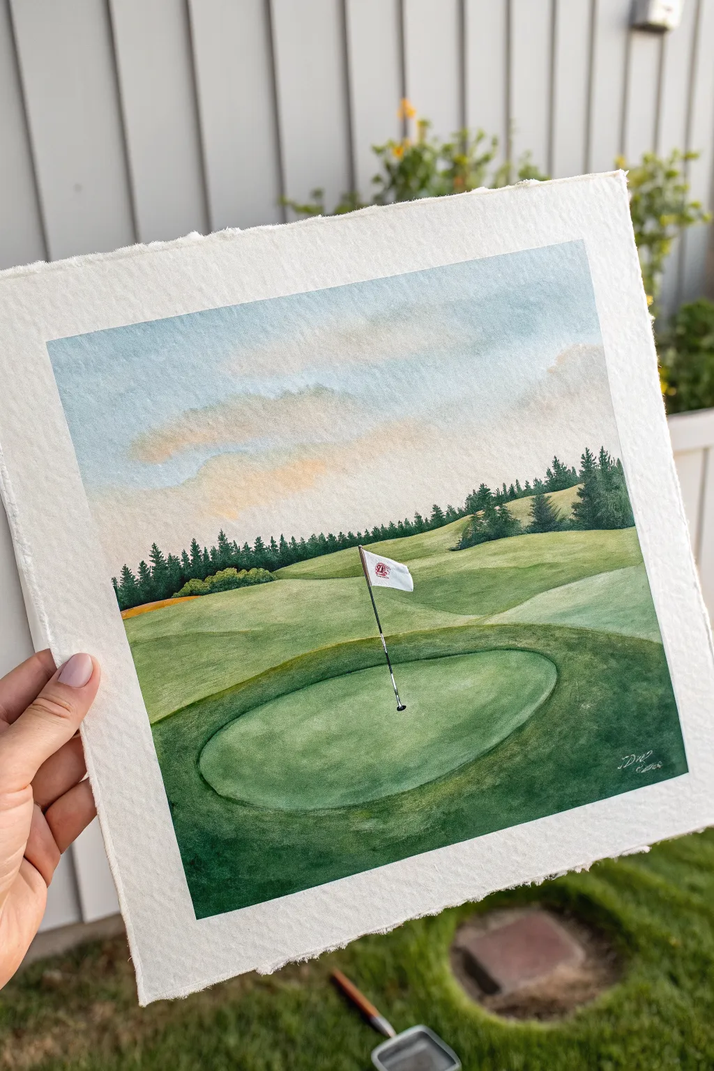 Minimal golf green with pin flag in gouache, a calm Scandinavian-boho painting idea