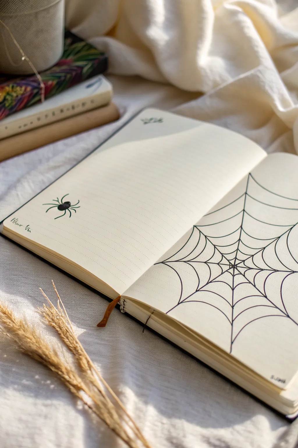 Easy goth spiderweb corner doodle in a minimalist sketchbook with crisp black ink contrast