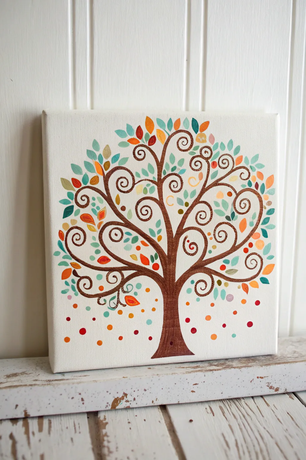 Tree of Life dot-leaf canvas, bright playful palette, perfect for easy group painting nights.