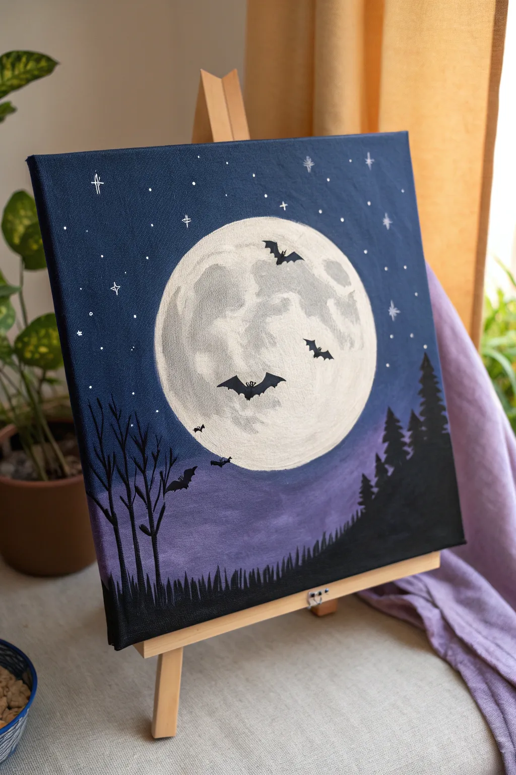 Minimal Halloween canvas: pale full moon with crisp bat silhouettes on a deep indigo sky
