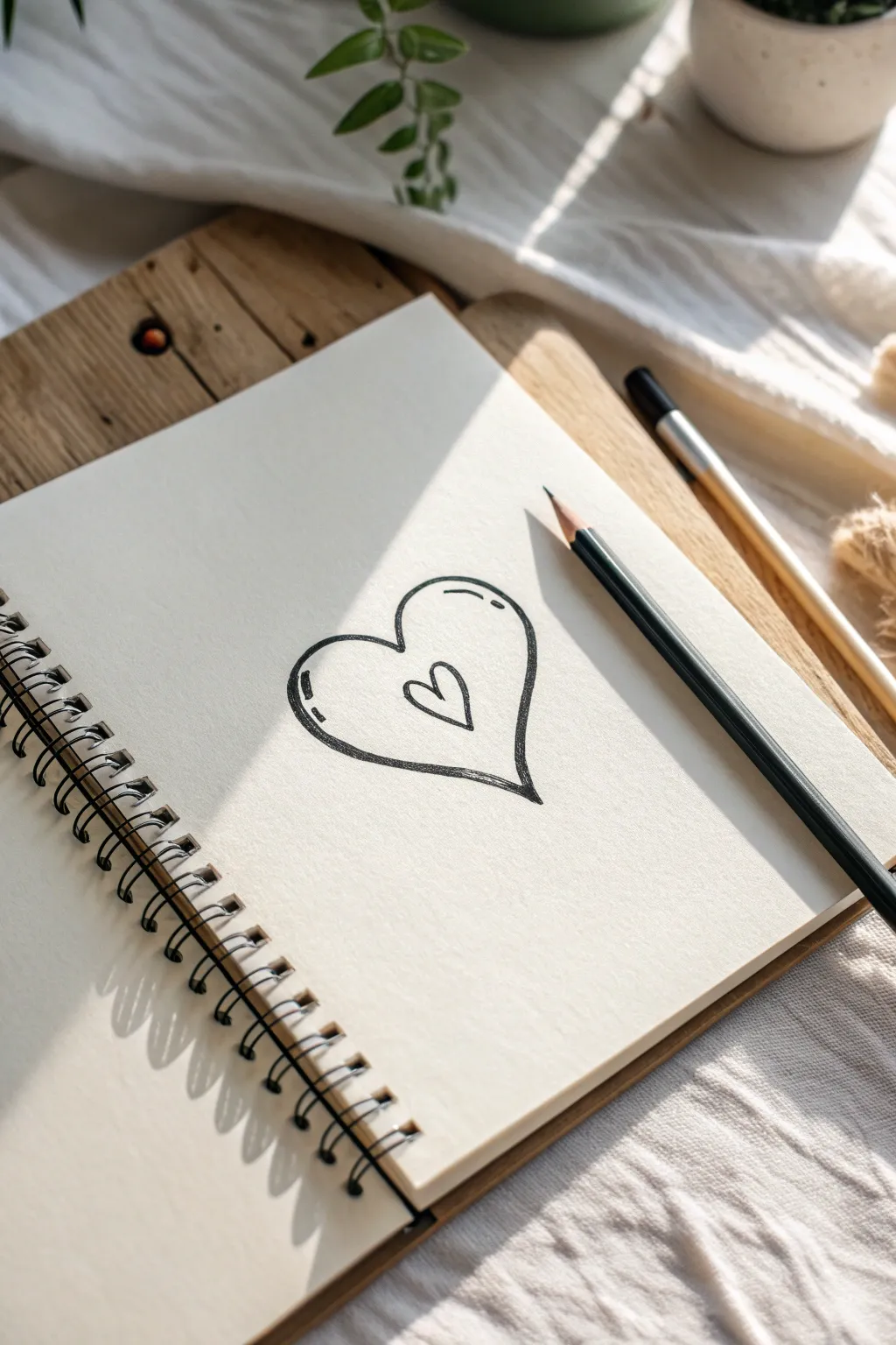 Puffy cartoon heart with visible sketch lines and crisp ink, clean Scandinavian boho vibe