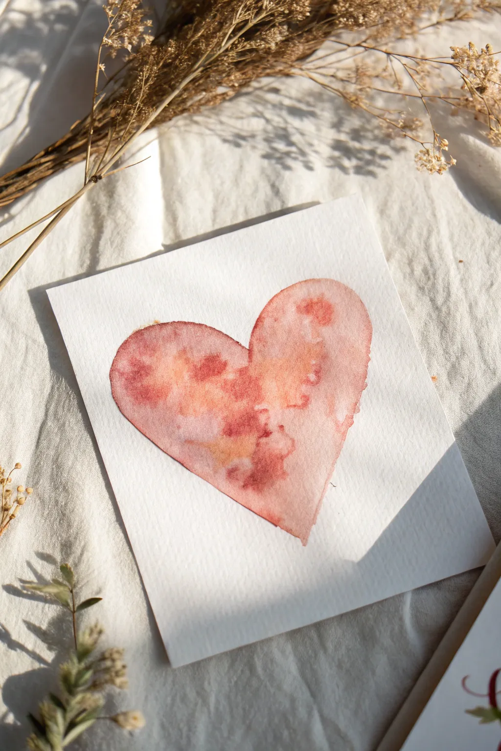 Soft watercolor wash heart with dreamy bleedy edges on textured paper, minimal and airy