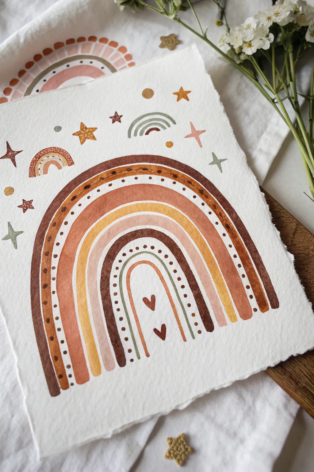 Groovy rainbow arches in warm retro hues with hand-painted charm and tiny star doodles