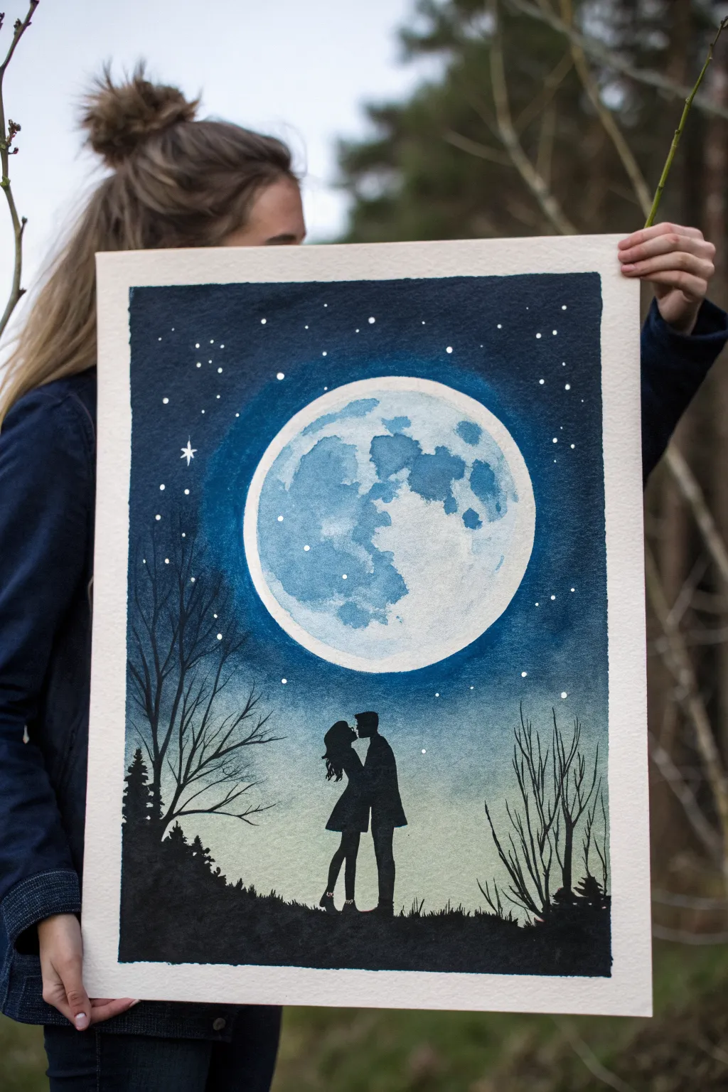 Minimal moonlit kiss silhouette with tiny stars, a simple romantic painting idea for him