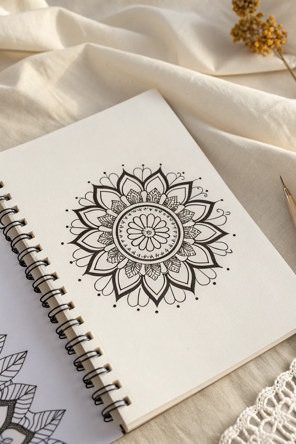 Airy teardrop and leaf mandala ring in crisp black ink, minimalist and easy to recreate