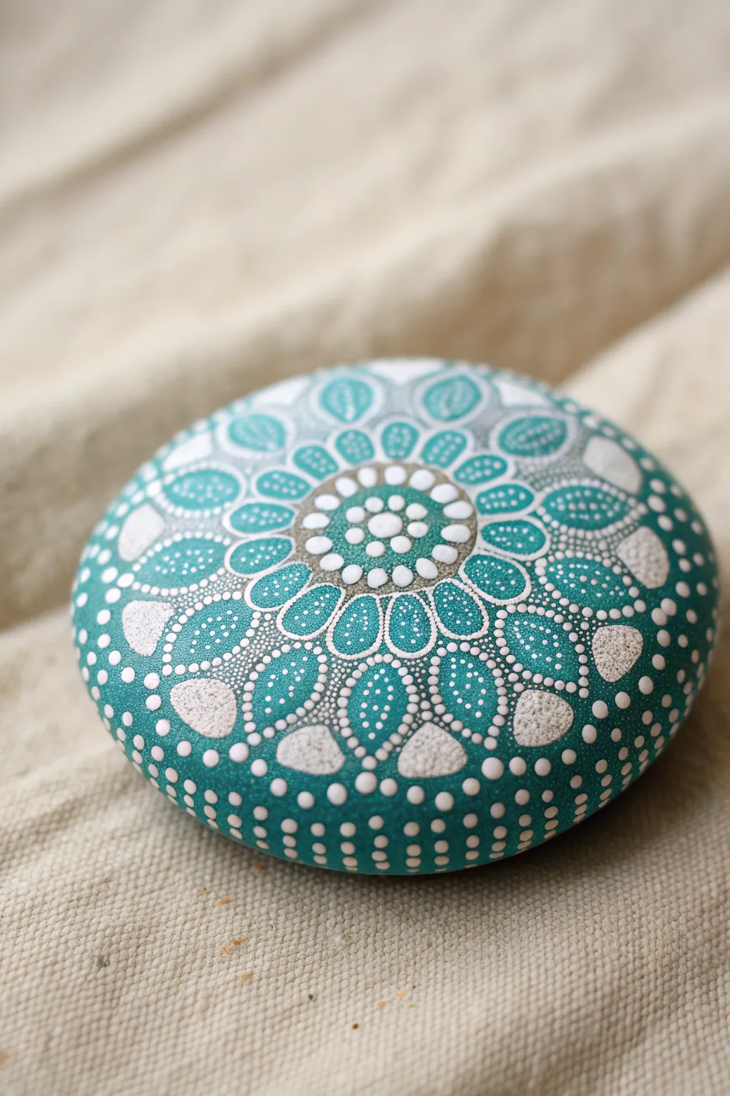 Simple two-color mandala rock in teal and white, a calm beginner dot pattern to copy.
