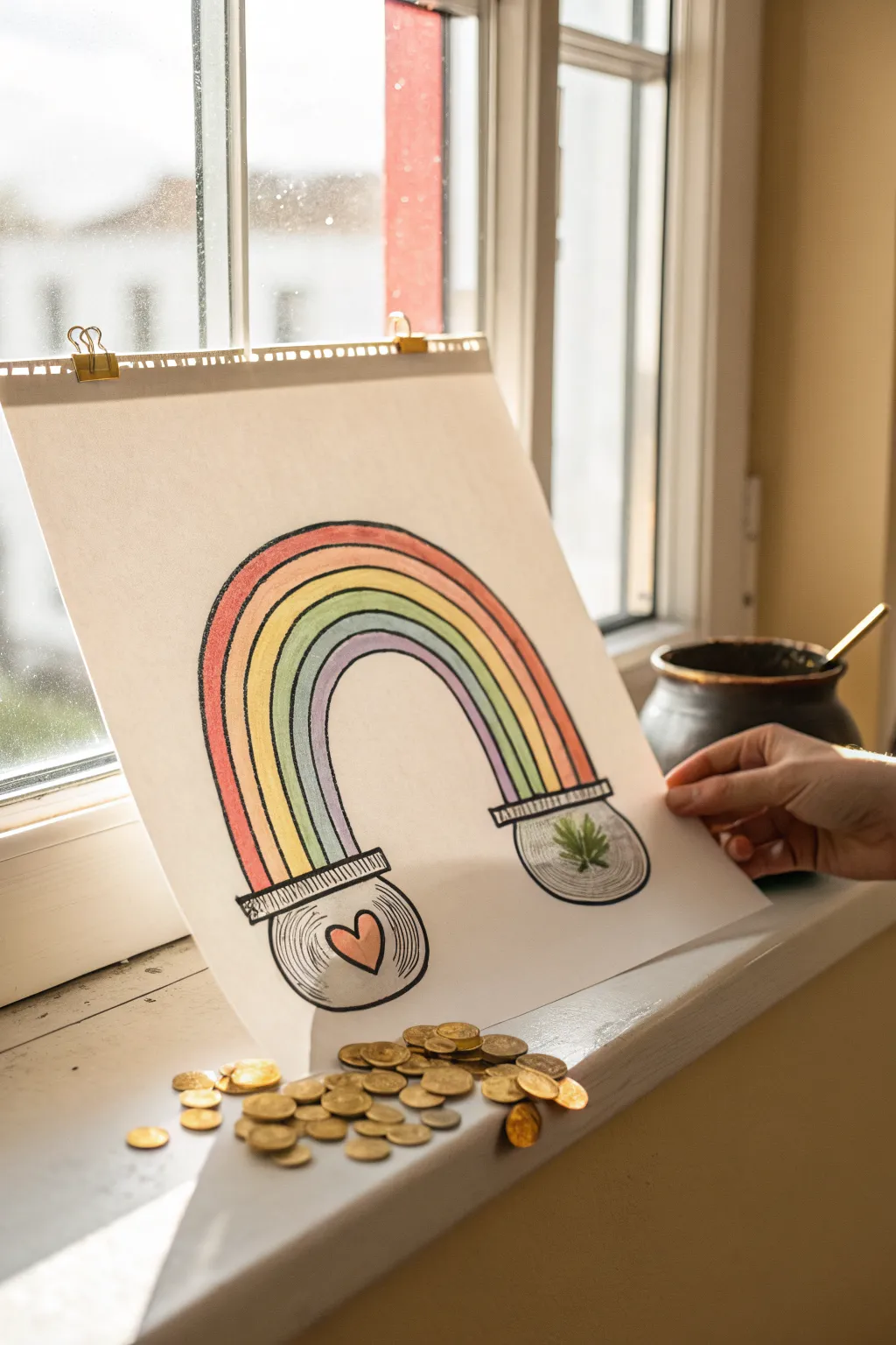 Minimalist March doodle idea: a rainbow into a pot of gold with bold lines and flat colors