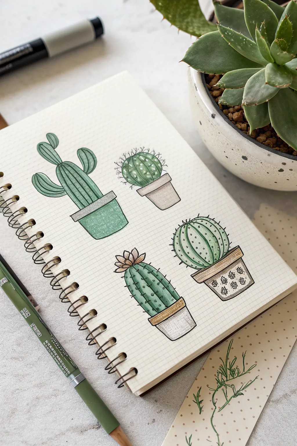 Simple marker cacti: flat colors, one shadow stripe, and tiny white highlights for shine