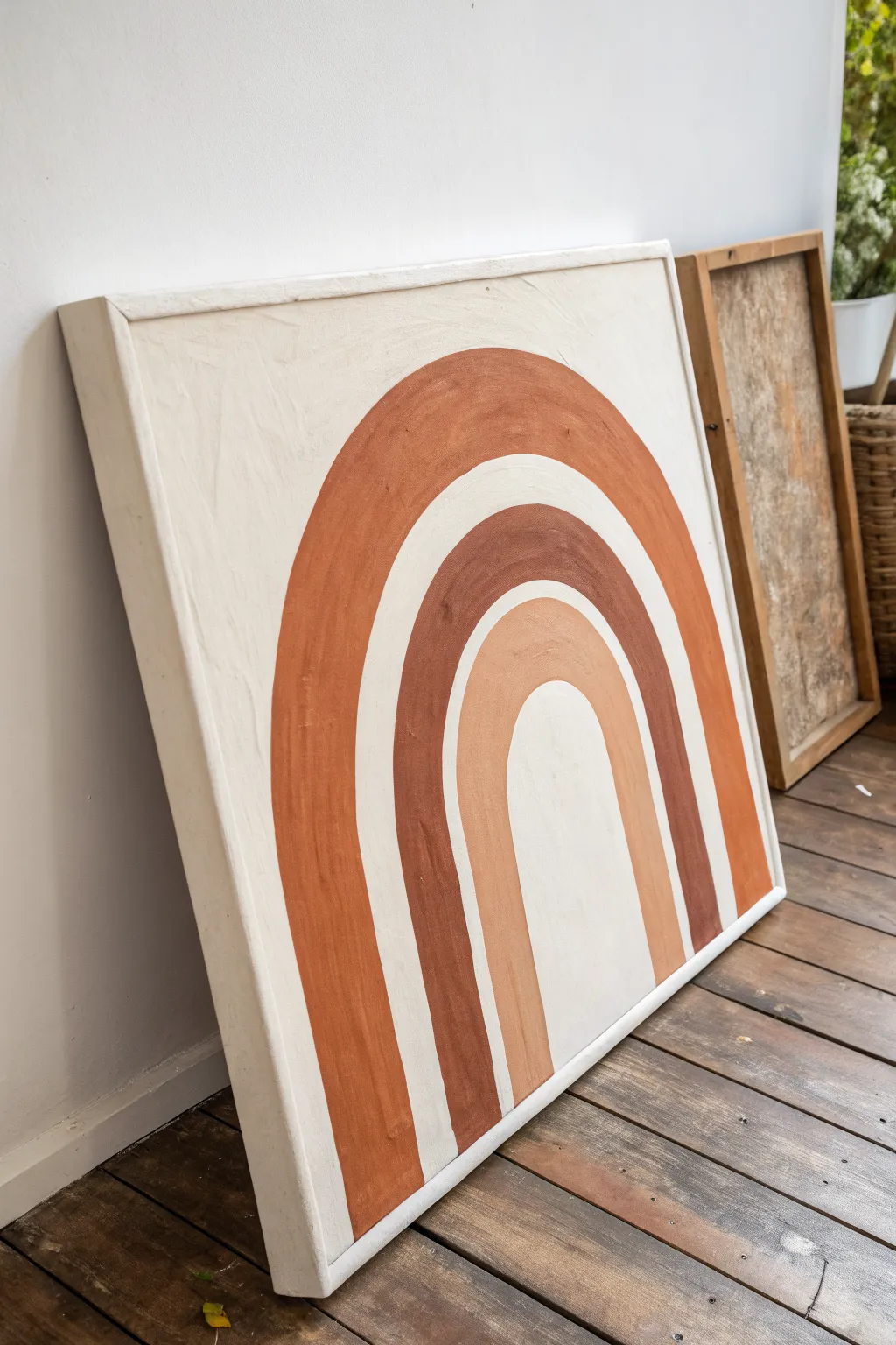 Two-color arch canvas in clay and cream tones, clean edges, calm negative space, modern and easy.