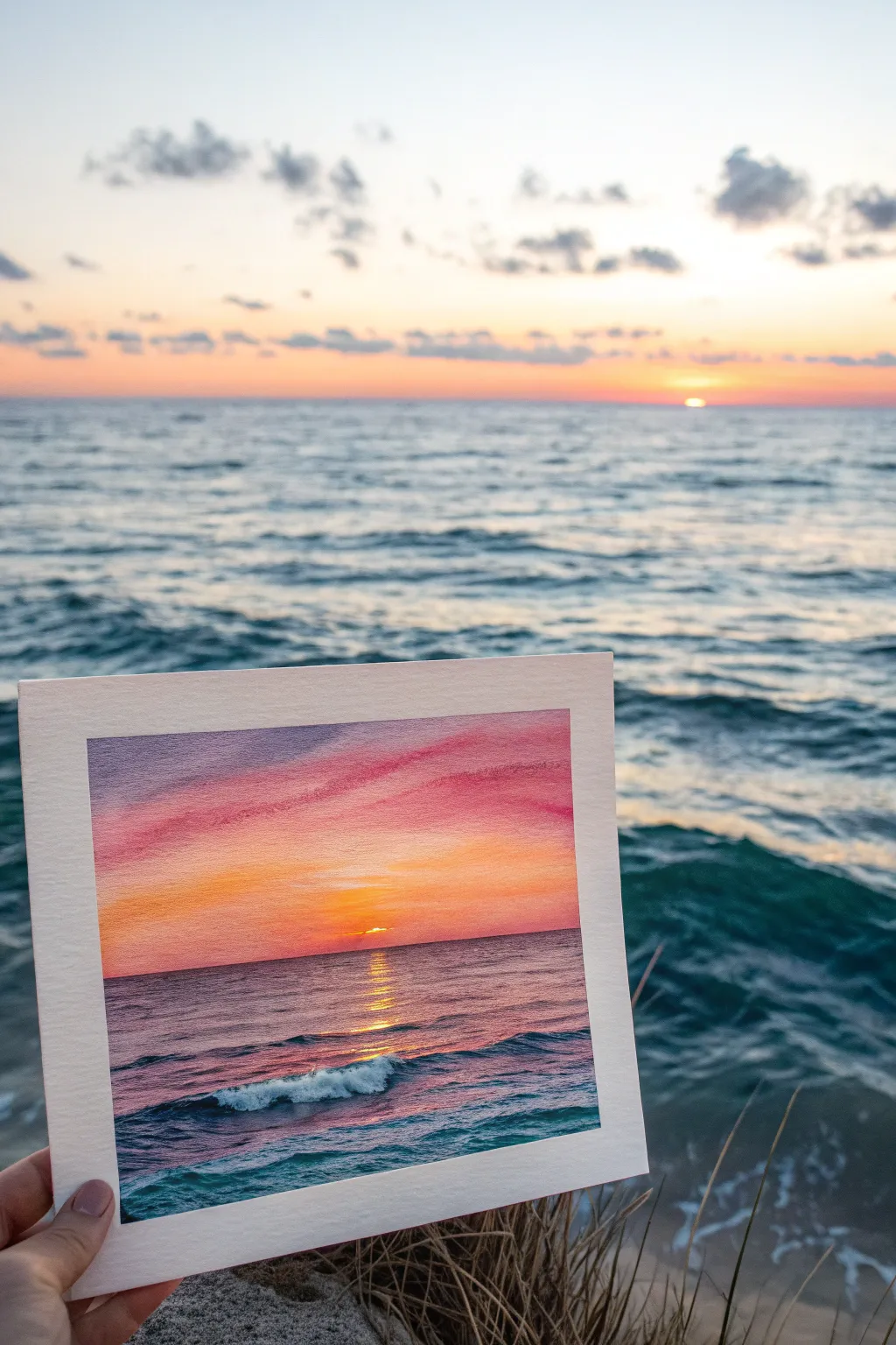 Sunset ocean gradient with warm sky and simple reflections for an easy, calming seascape
