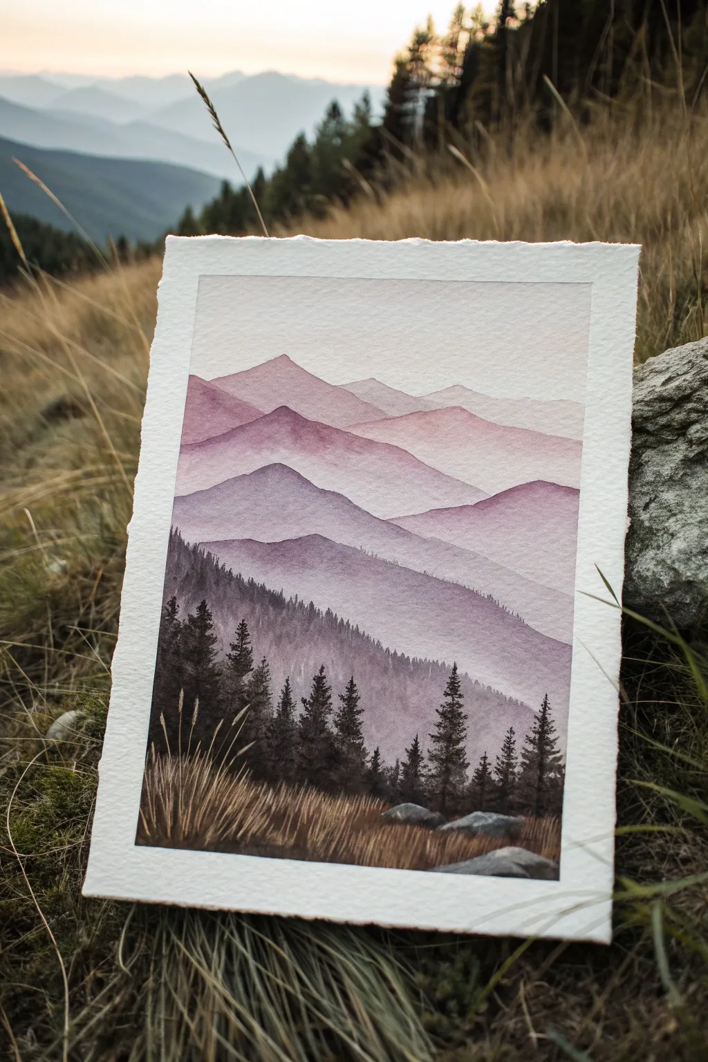 Layered mountain bands in one hue, an easy minimalist landscape with cozy boho calm