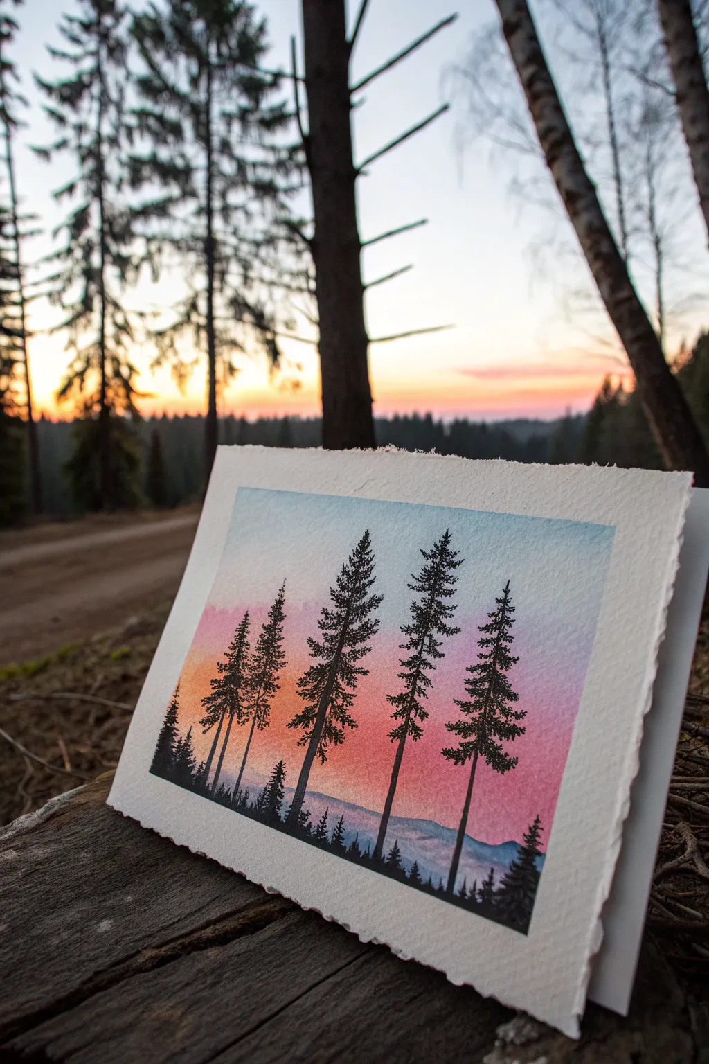 Minimal forest silhouette with a vibrant horizon glow, simple and soothing to paint at home.