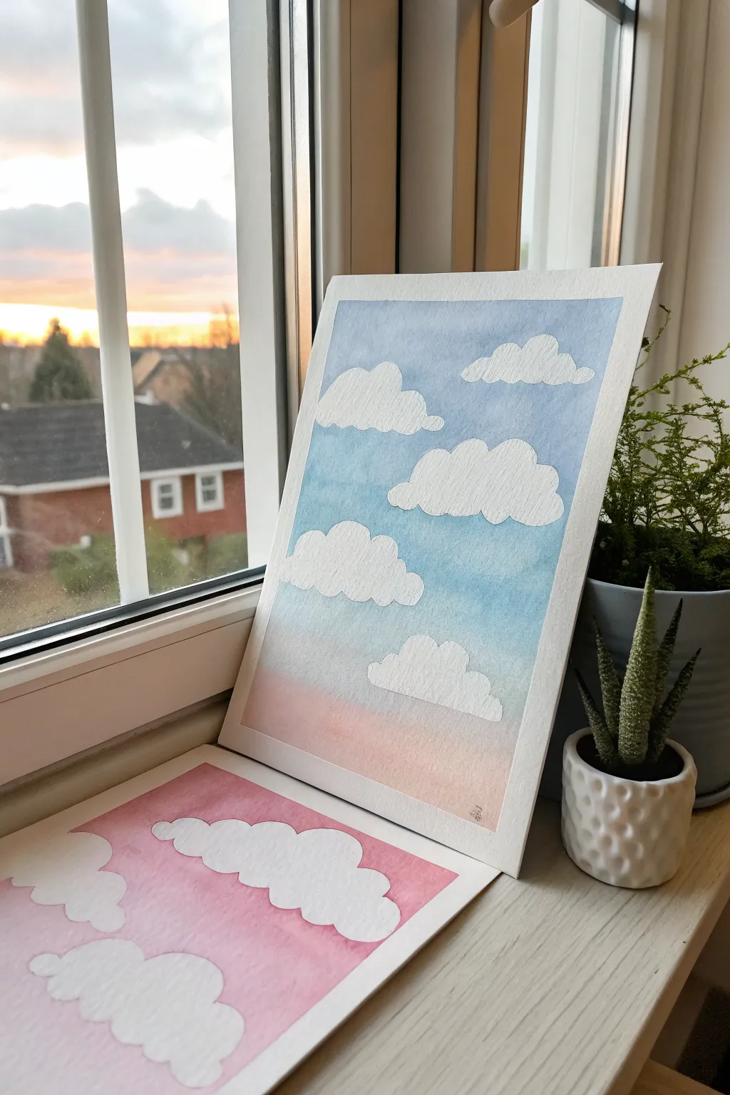 Easy pastel clouds: a baby blue to blush gradient sky with simple fluffy clouds for beginners