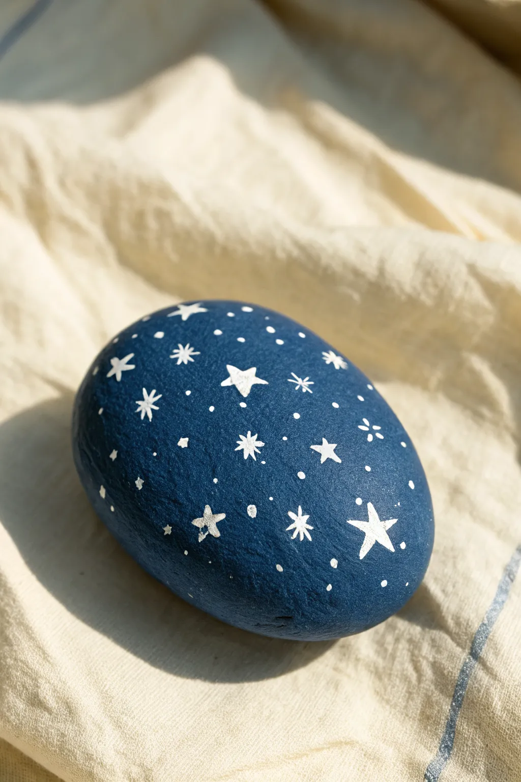 Deep navy painted rock with crisp white stars on linen, simple patriotic DIY with calm minimalist style