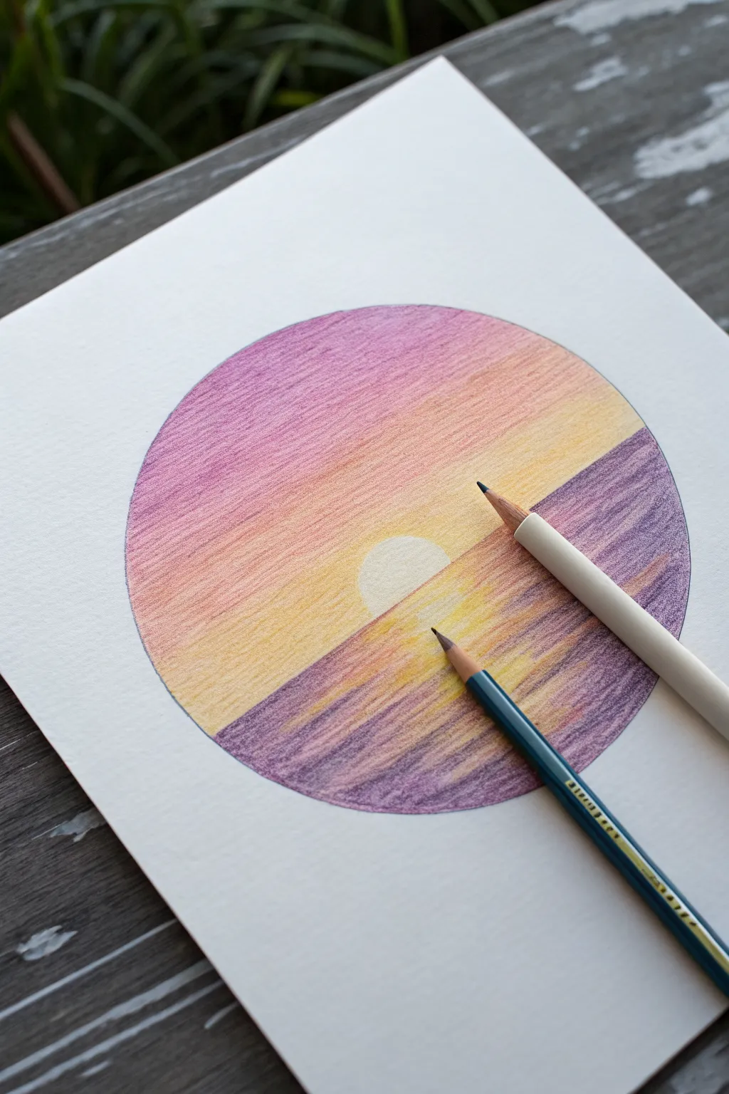 Simple sunset-in-a-circle colored pencil sketch with dreamy gradient sky and bold dark hills.