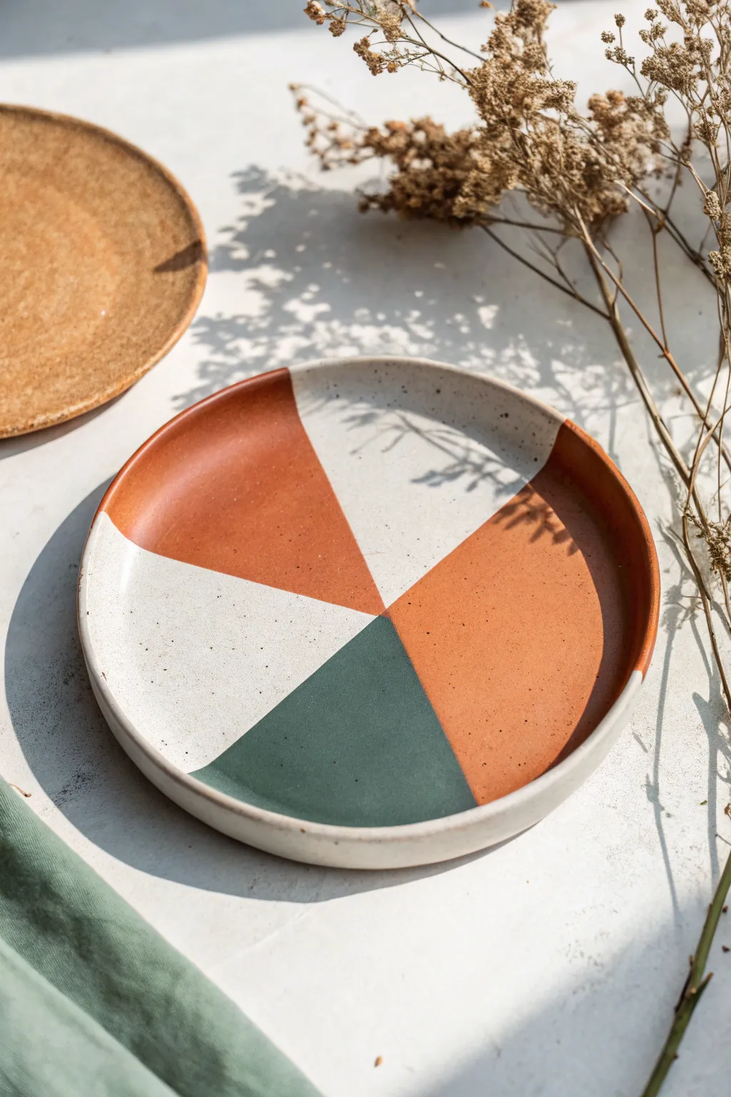 Modern color blocking on a minimalist ceramic plate with crisp edges and calming boho hues