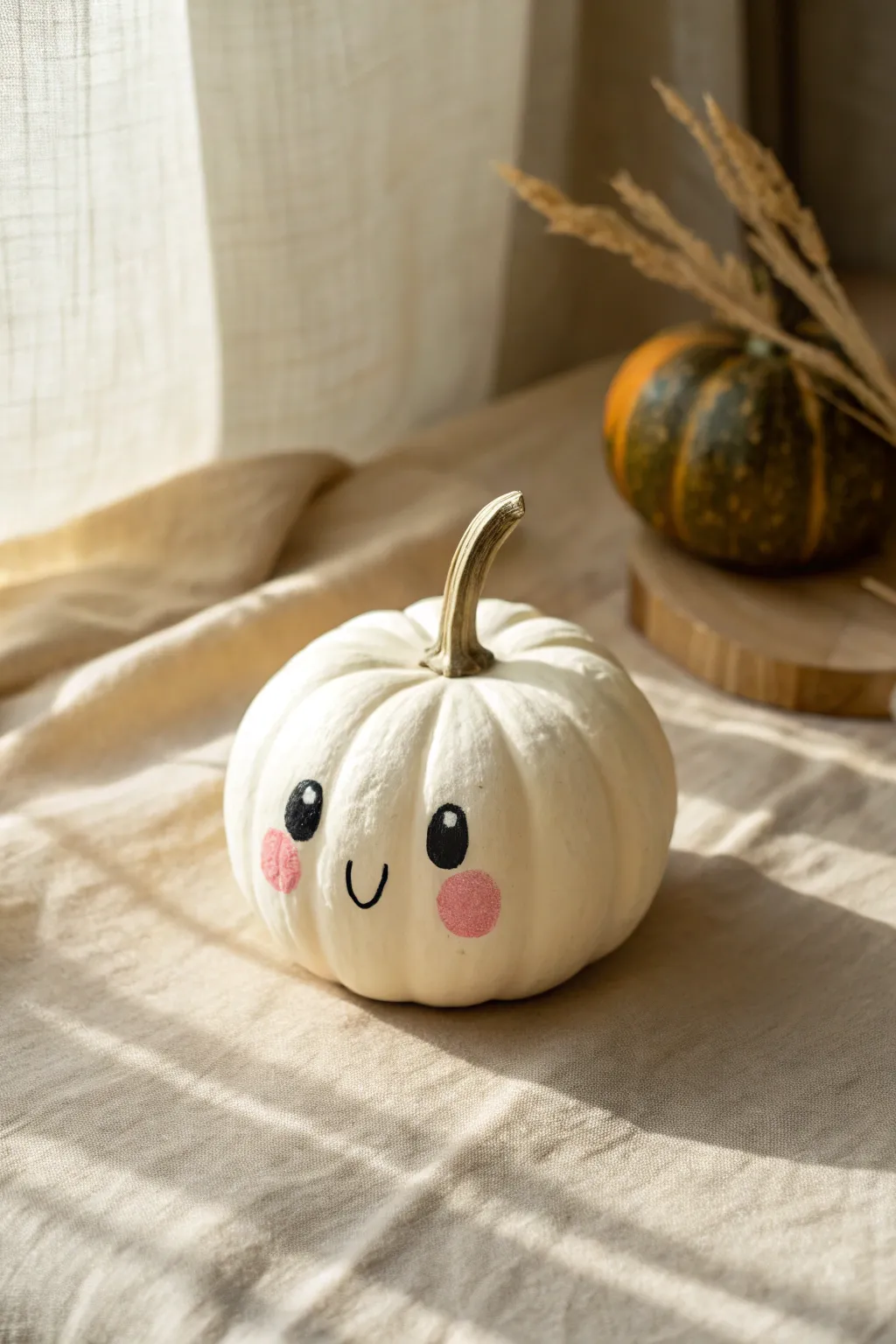 Sweet ghost face on a white pumpkin, simple shapes and blush for an easy kid craft.