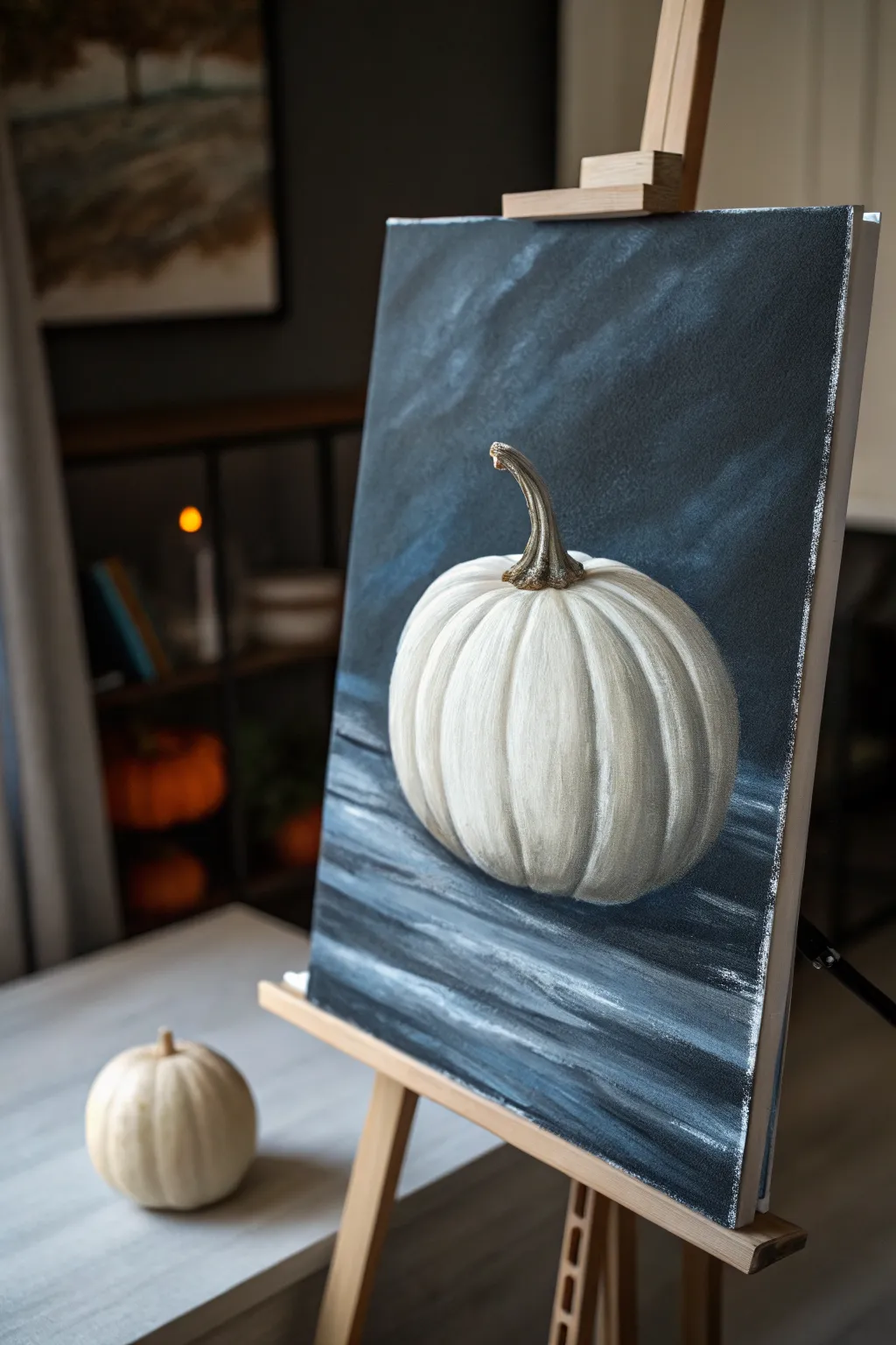 Minimal white pumpkin painting with a soft shadow, perfect for easy fall canvas practice