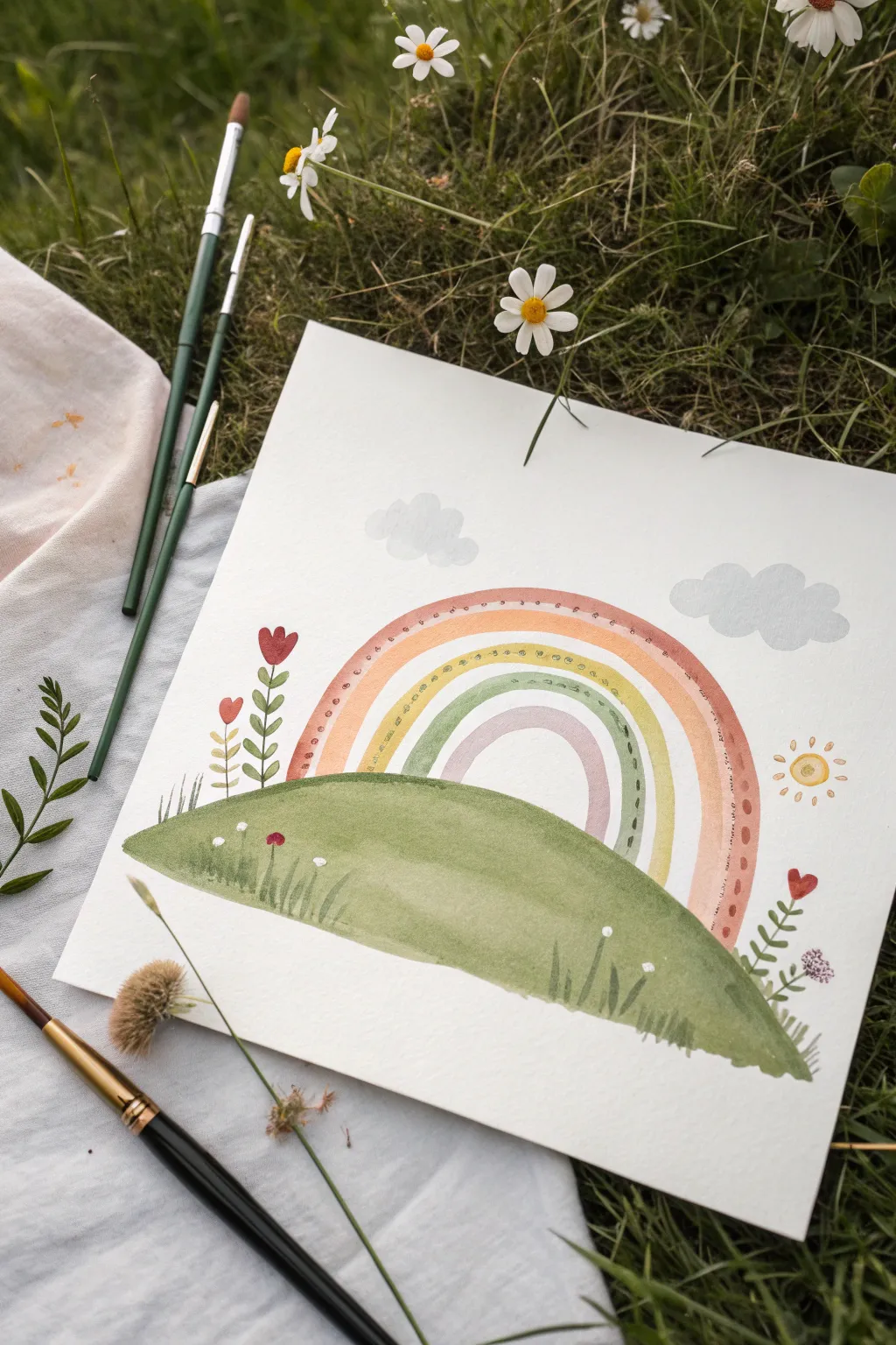 Easy rainbow over rolling green hills, minimalist Scandinavian-boho painting inspiration