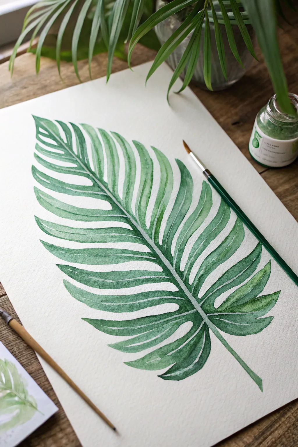 Paint an oversized tropical leaf with simple vein lines for instant rainforest texture.