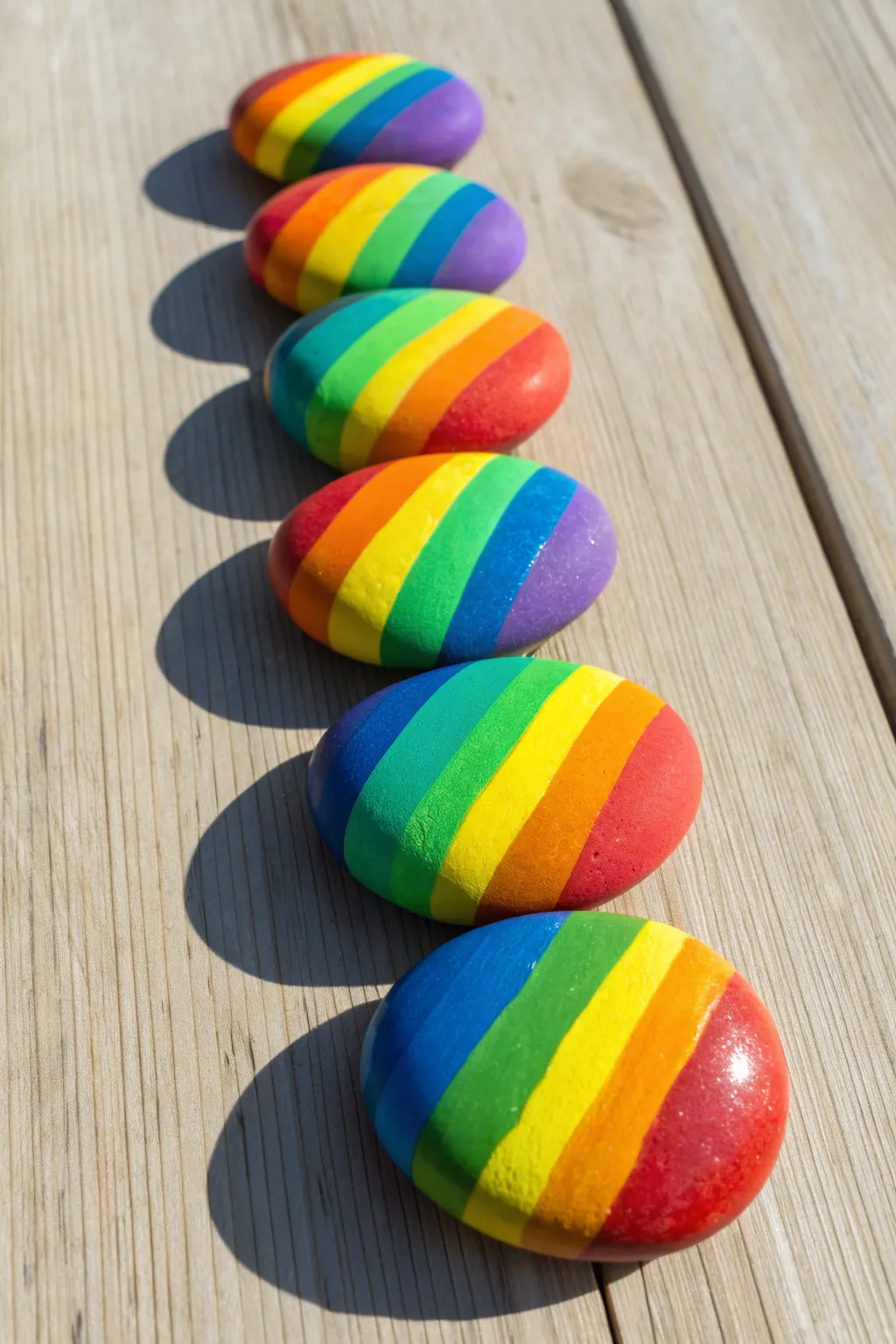 Chunky rainbow stripe rocks in bright daylight, a simple and cheerful kids rock painting idea