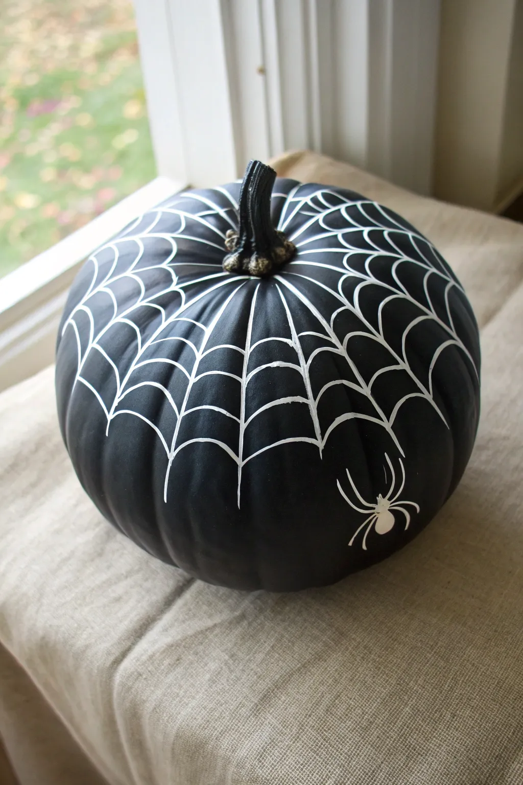 Spooky meets chic with this minimalist matte black spiderweb pumpkin. A simple DIY for a boho Halloween.