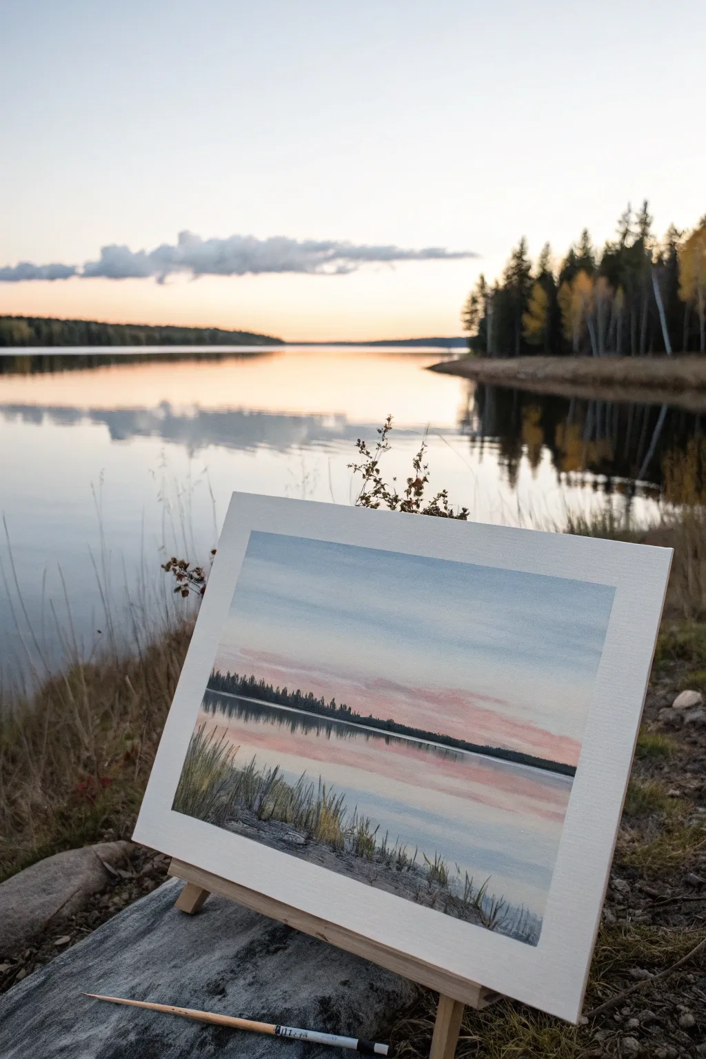 Paint a calm lake reflection with a minimalist treeline—simple strokes, soothing contrast.