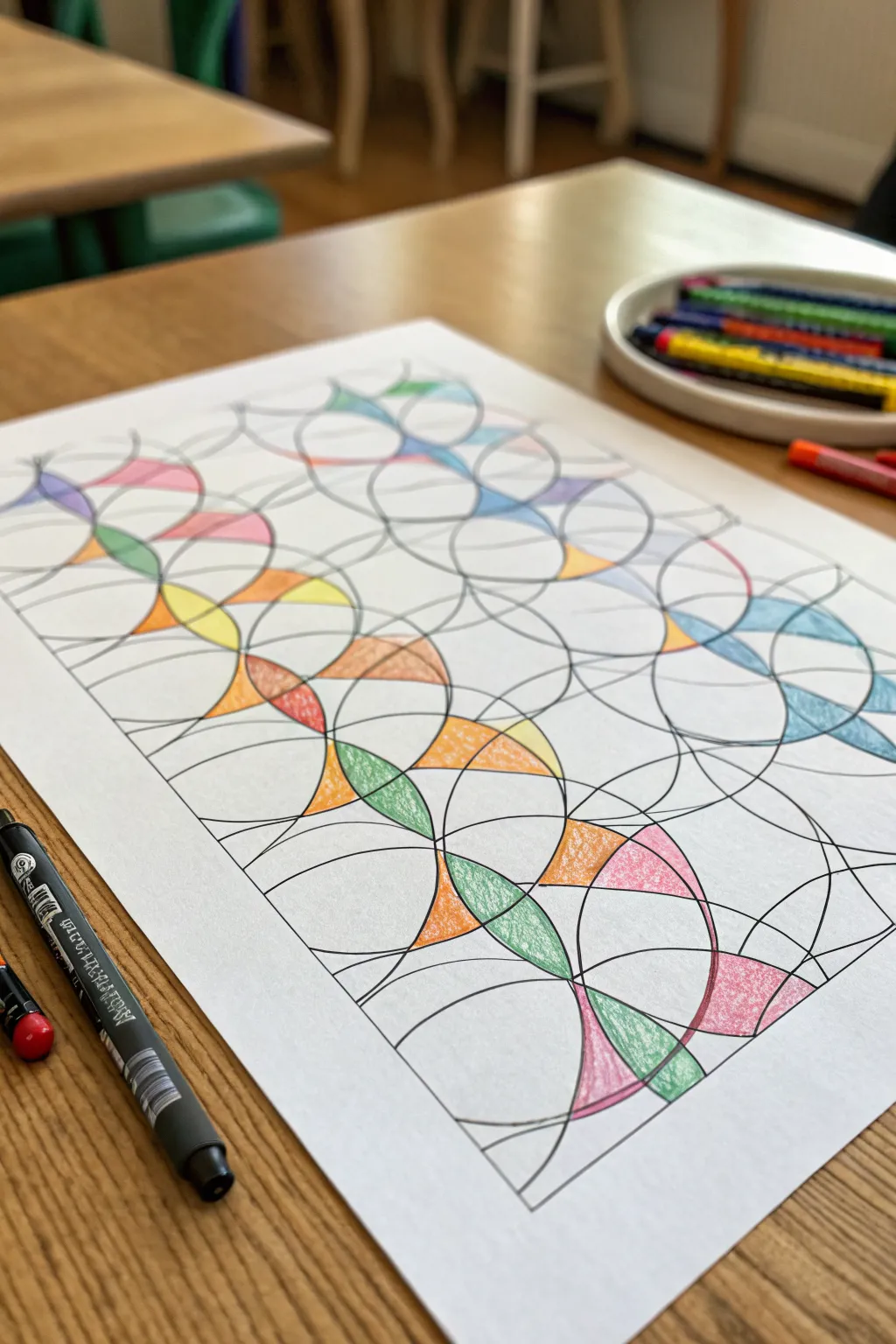 Try the no-touching colors scribble: bold patchwork loops with a simple crayon palette beside it.