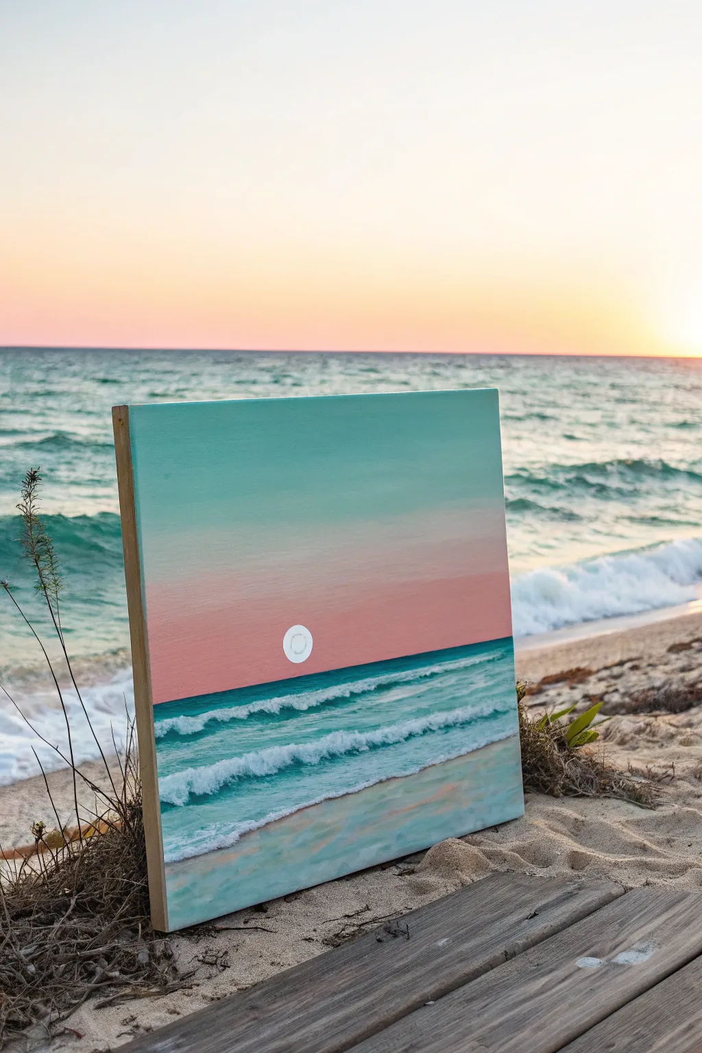 Minimal beach horizon painting with a half-set sun, ideal for an easy sip and paint night