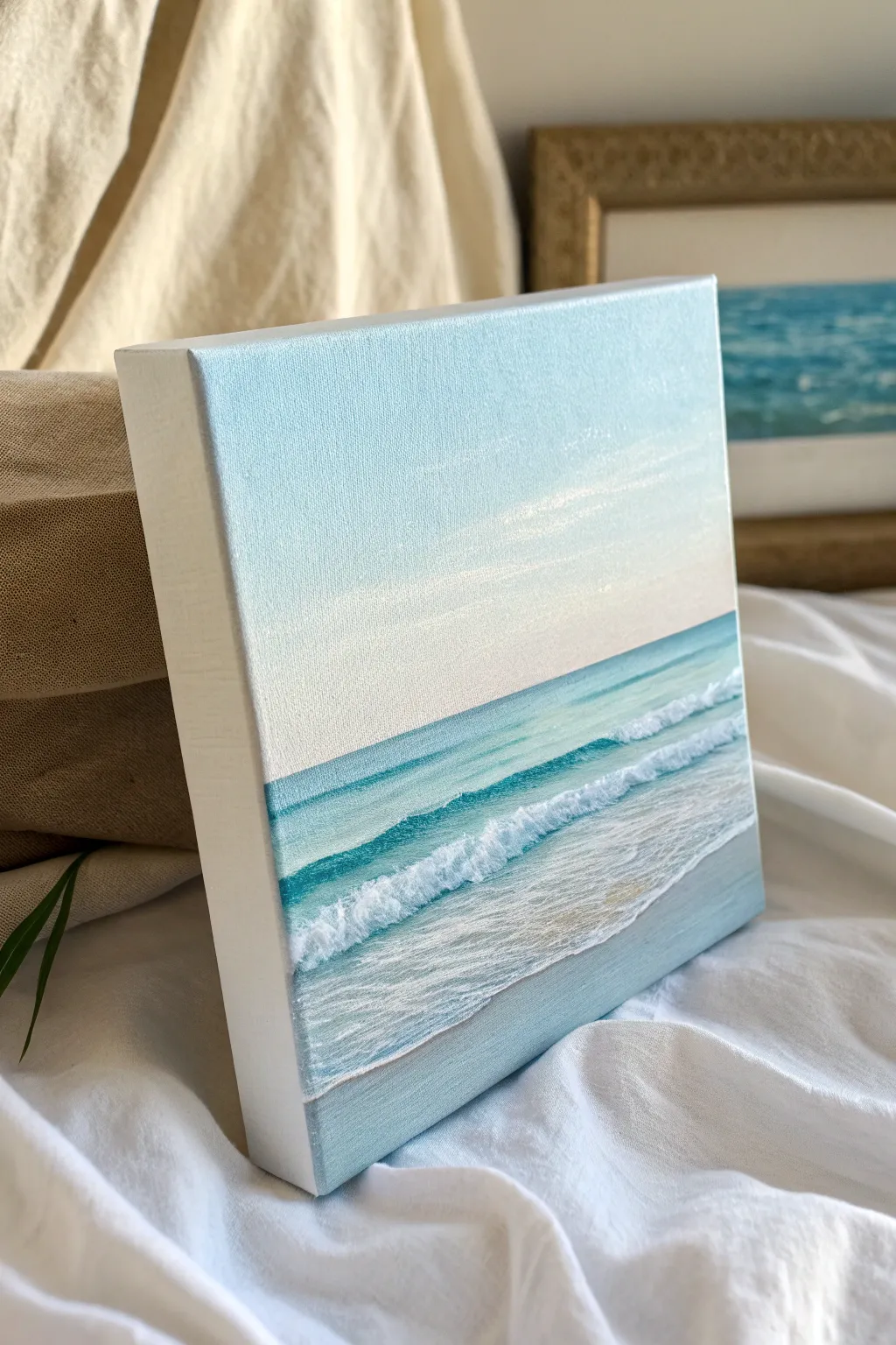 Calm ocean horizon mini canvas idea with soft waves, airy minimalist colors, beginner friendly